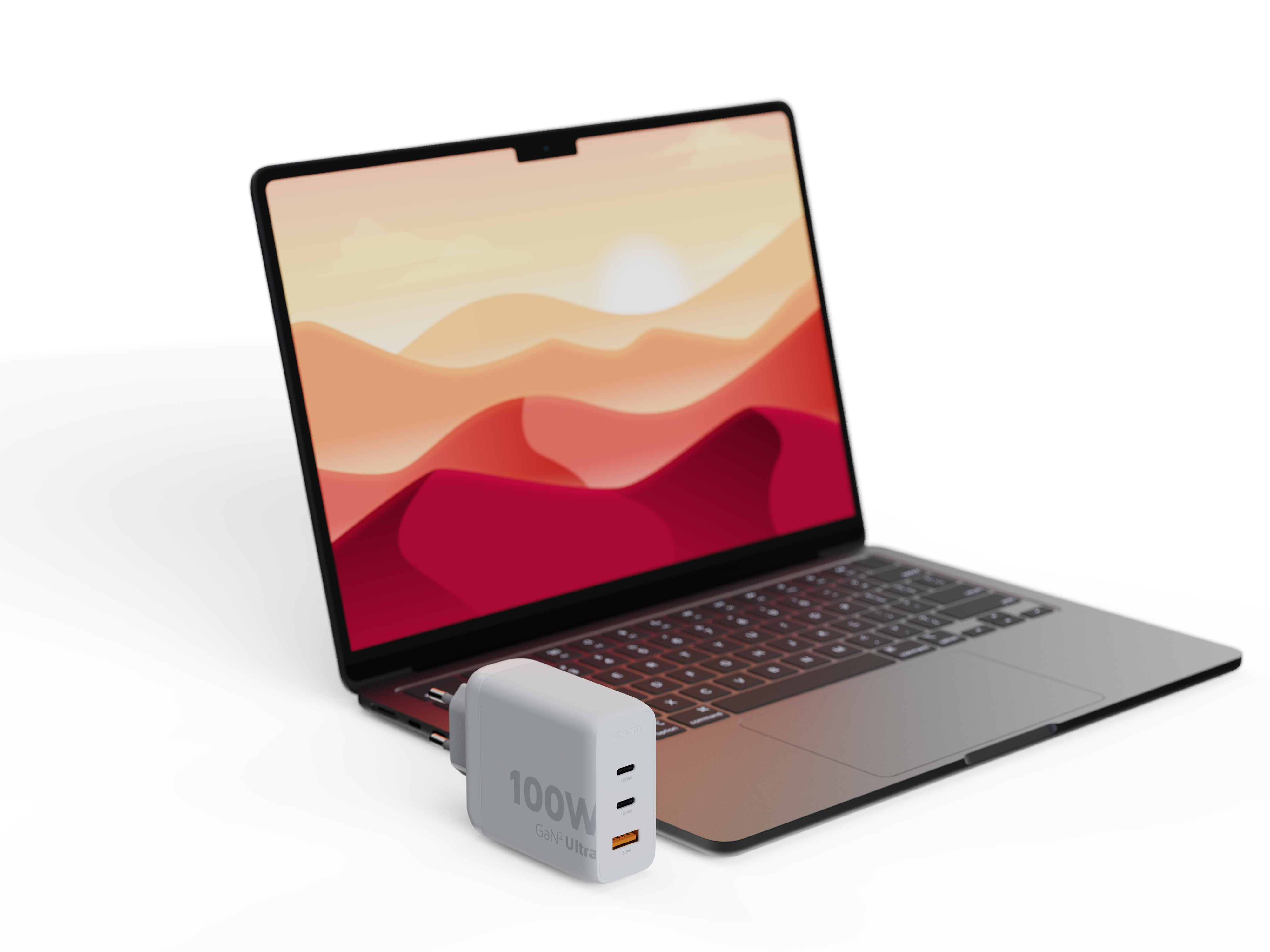 Laptop mit Ladegerät. Der Laptop-Bildschirm zeigt eine abstrakte Landschaft. Das Ladegerät ist weiß mit schwarzem Text und orangefarbenem USB.