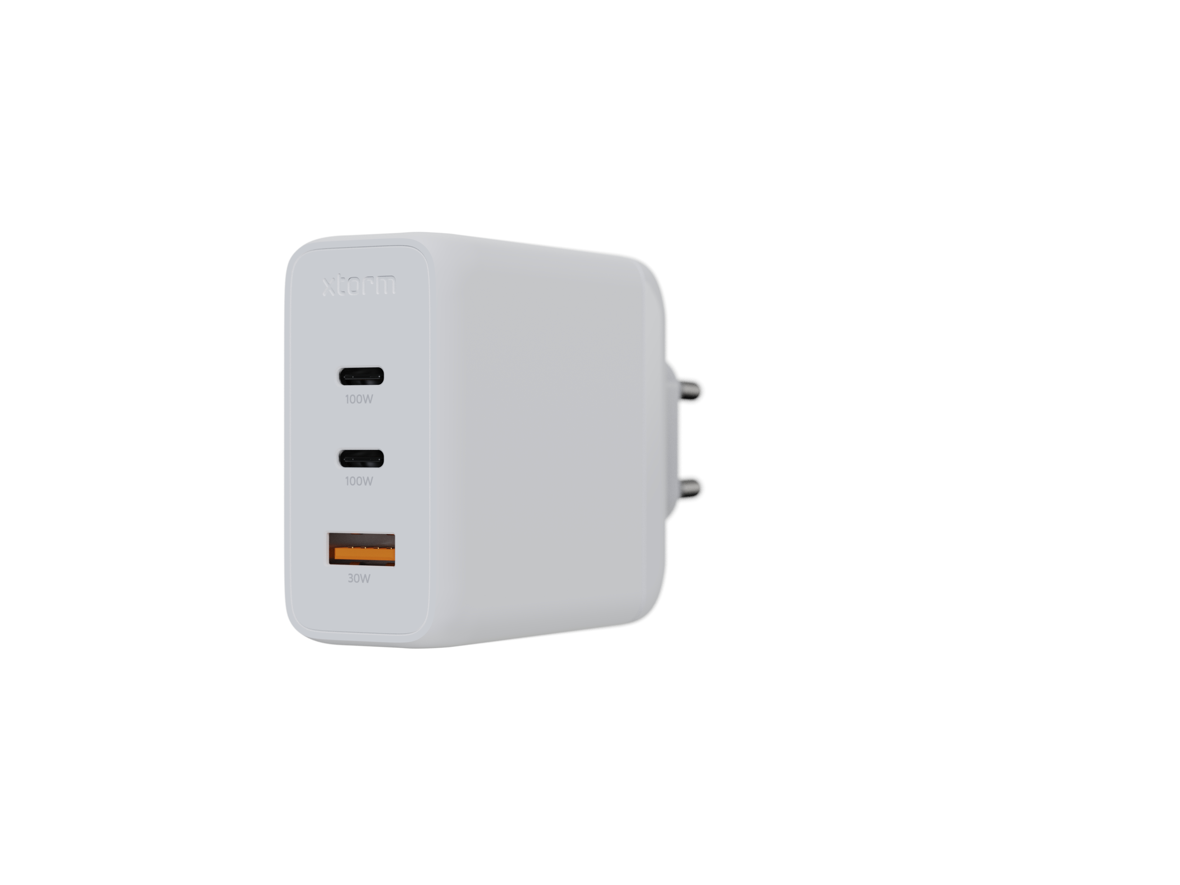 Ein weißes Ladegerät mit drei Anschlüssen, die mit 100W und 30W beschriftet sind. Es hat einen Stecker.