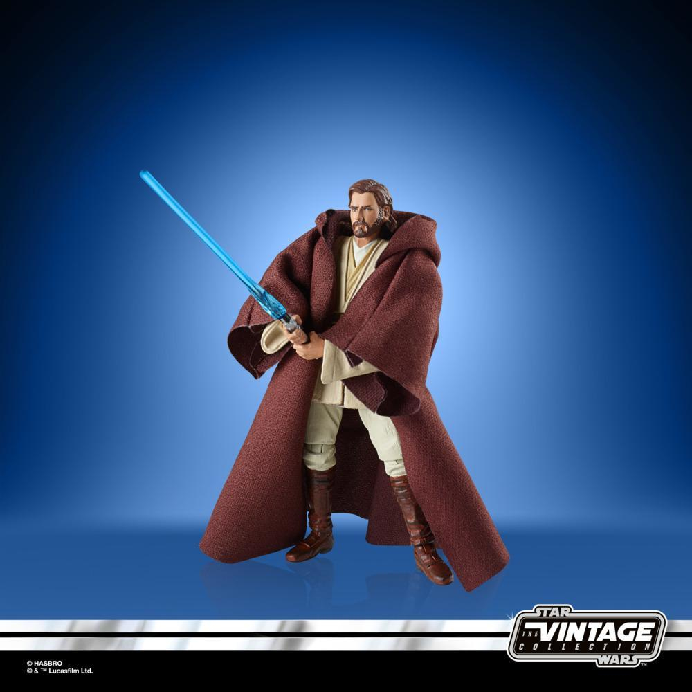 Figura di Obi-Wan Kenobi in abito marrone, con una spada laser blu. Logo Star Wars Vintage Collection in basso a destra.