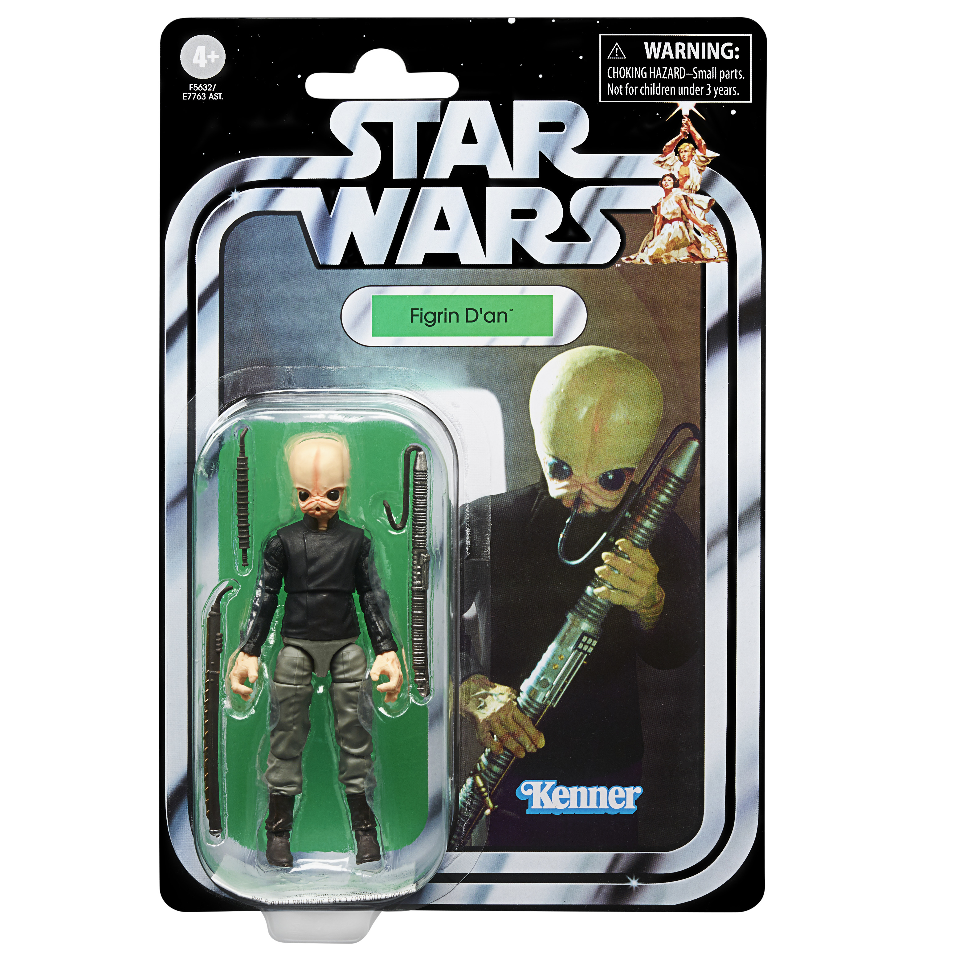 Star Wars Actionfigur. Figrin D'an Figur in einer Verpackung. Die Figur hat einen grünen Kopf, eine schwarze Jacke und graue Hosen.