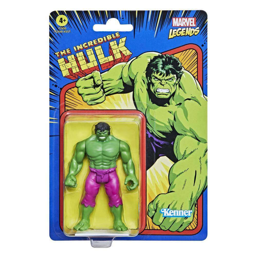 Figurka akcji The Incredible Hulk w opakowaniu. Zielona figurka Hulka w różowych spodniach. Tło przedstawia ilustrację Hulka i logo Marvel Legends.
