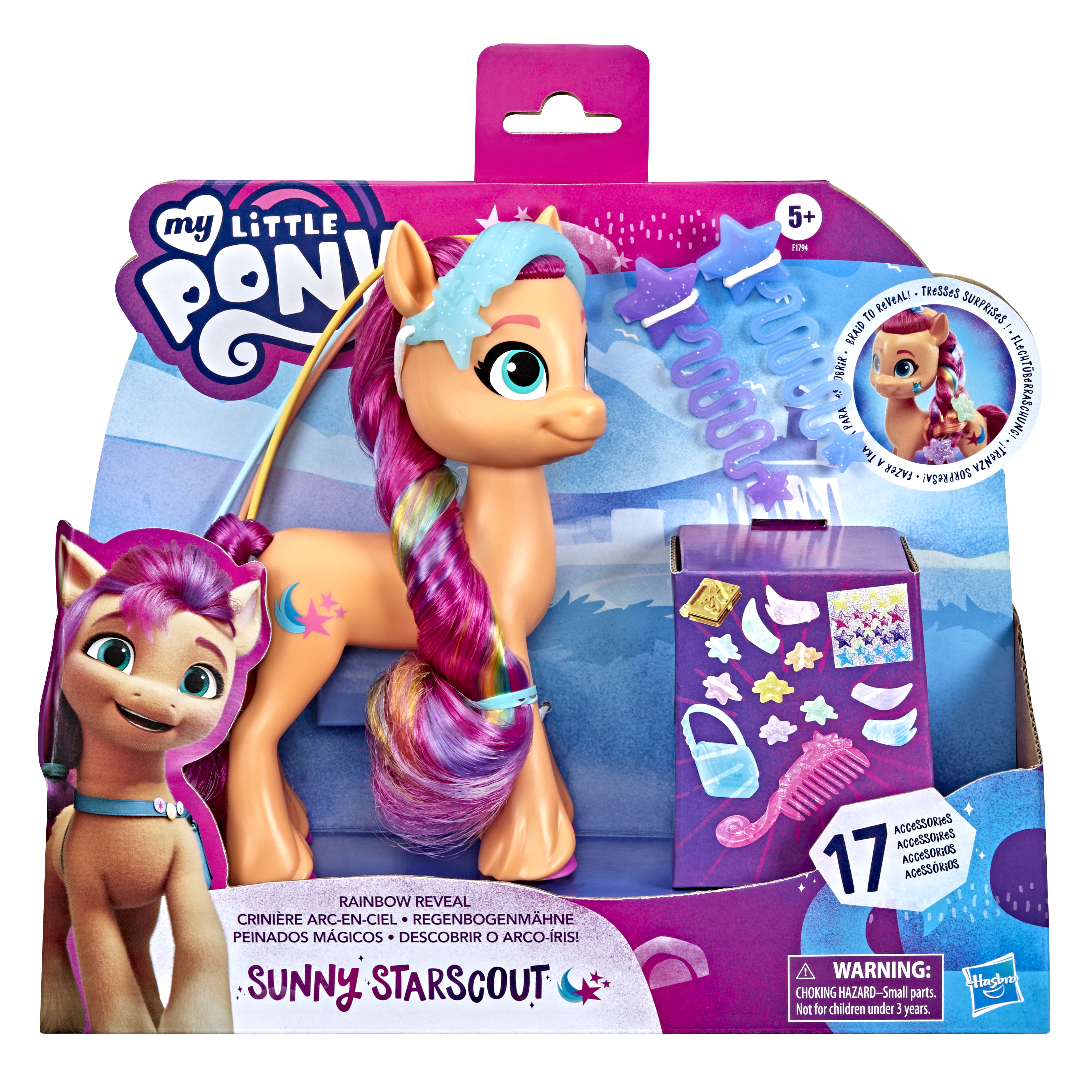 Una scatola di giocattoli My Little Pony con il pony Sunny Starscout, accessori e testo in più lingue.