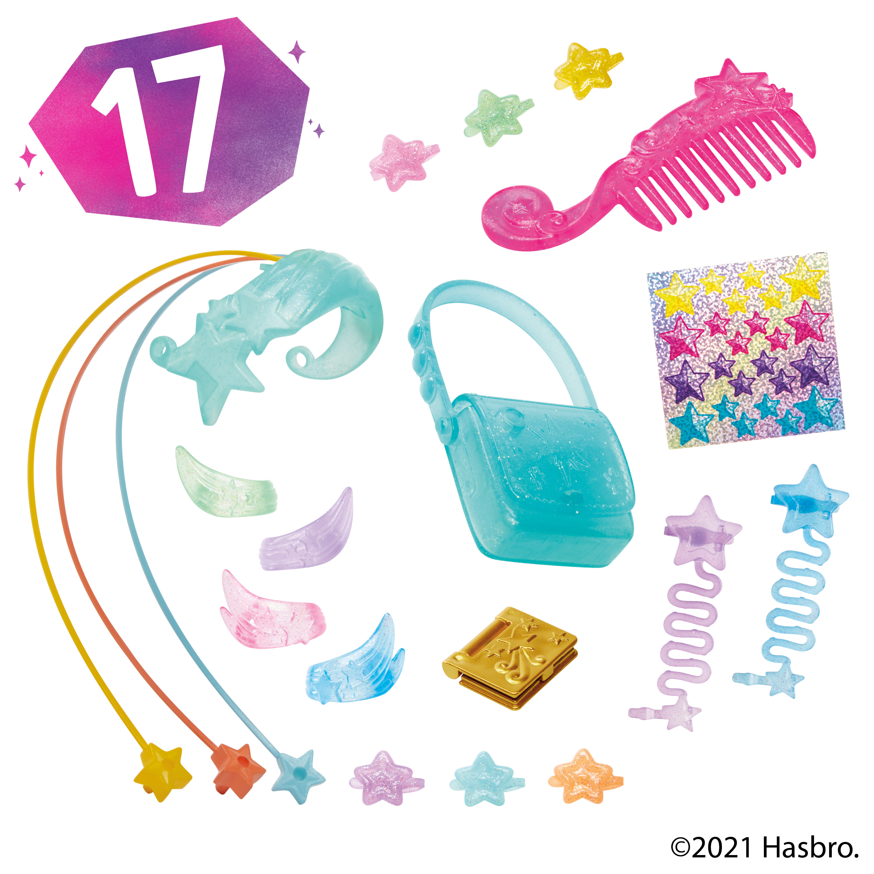 L'immagine presenta giocattoli: un pettine rosa, anelli a forma di stella, una borsa, un libro, fermagli per capelli a forma di stella, il numero 17 e un ornamento a forma di stella.