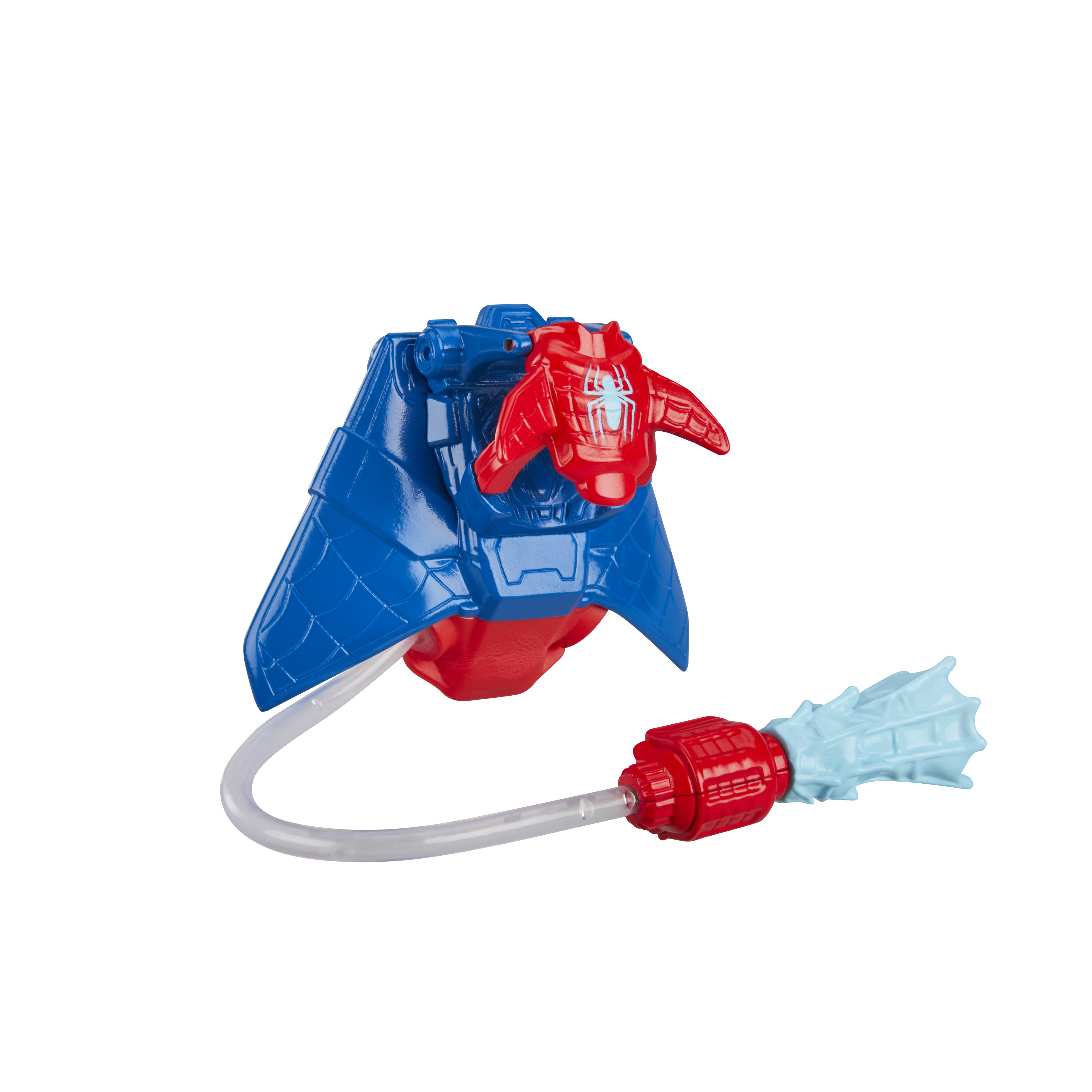 Un giocattolo di Spider-Man con colori rossi e blu. Ha ali e un lancia ragnatele. Lo sfondo è bianco.