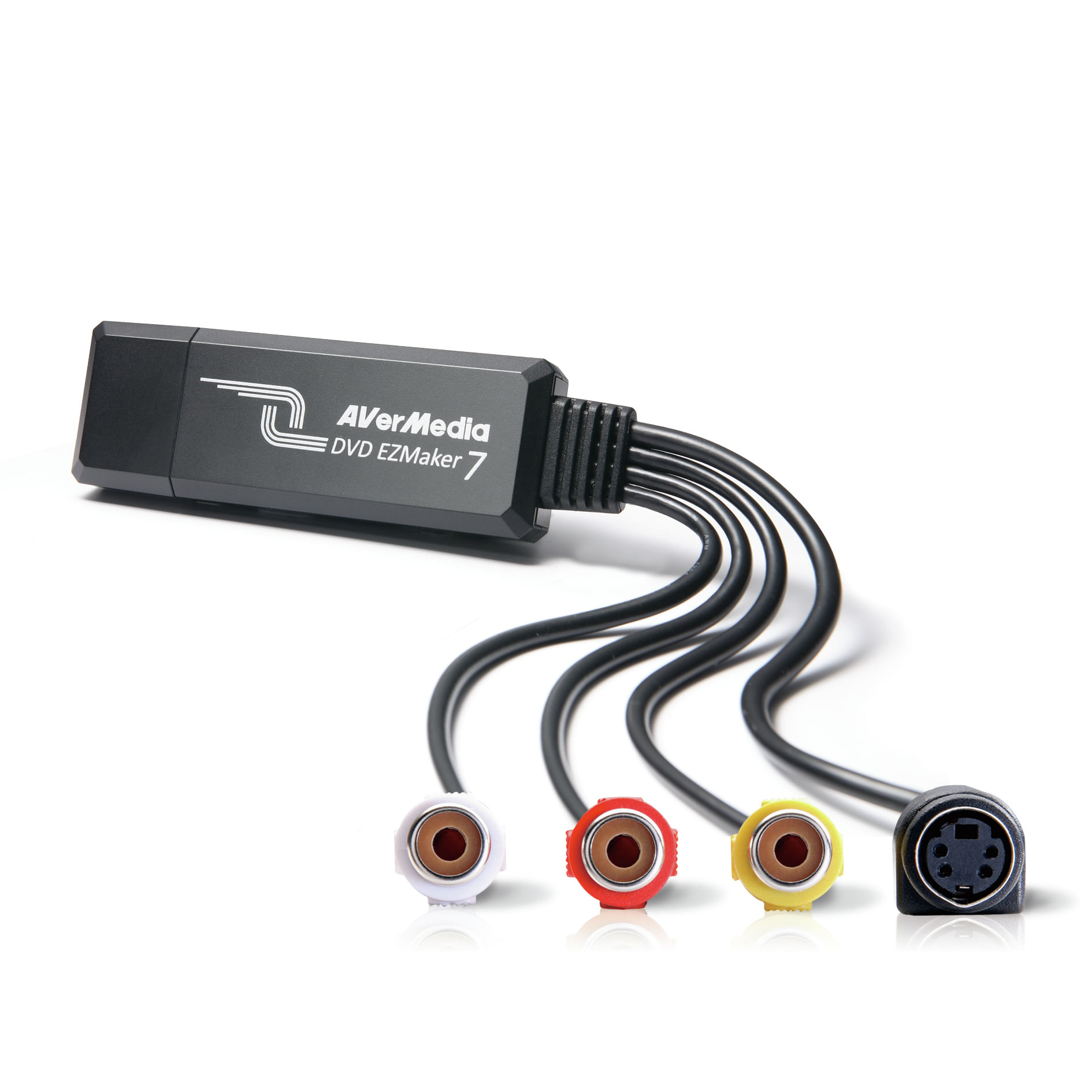 Un dispositivo AVerMedia DVD EZMaker 7 con cables negros y conectores de colores sobre fondo blanco.