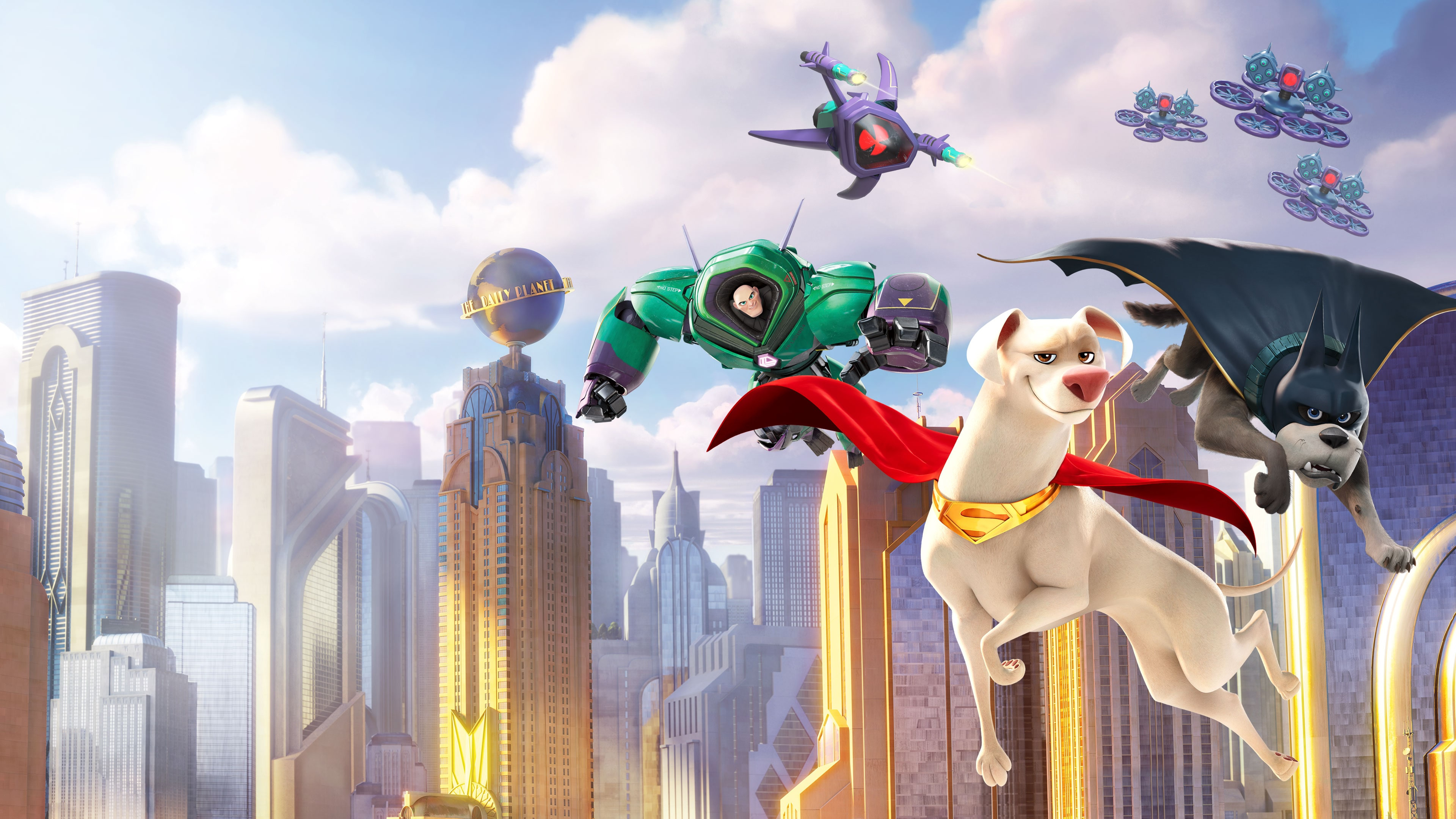 Cane Superman con mantello, cane Batman, Lex Luthor in mech, droni e skyline. Cielo nuvoloso.