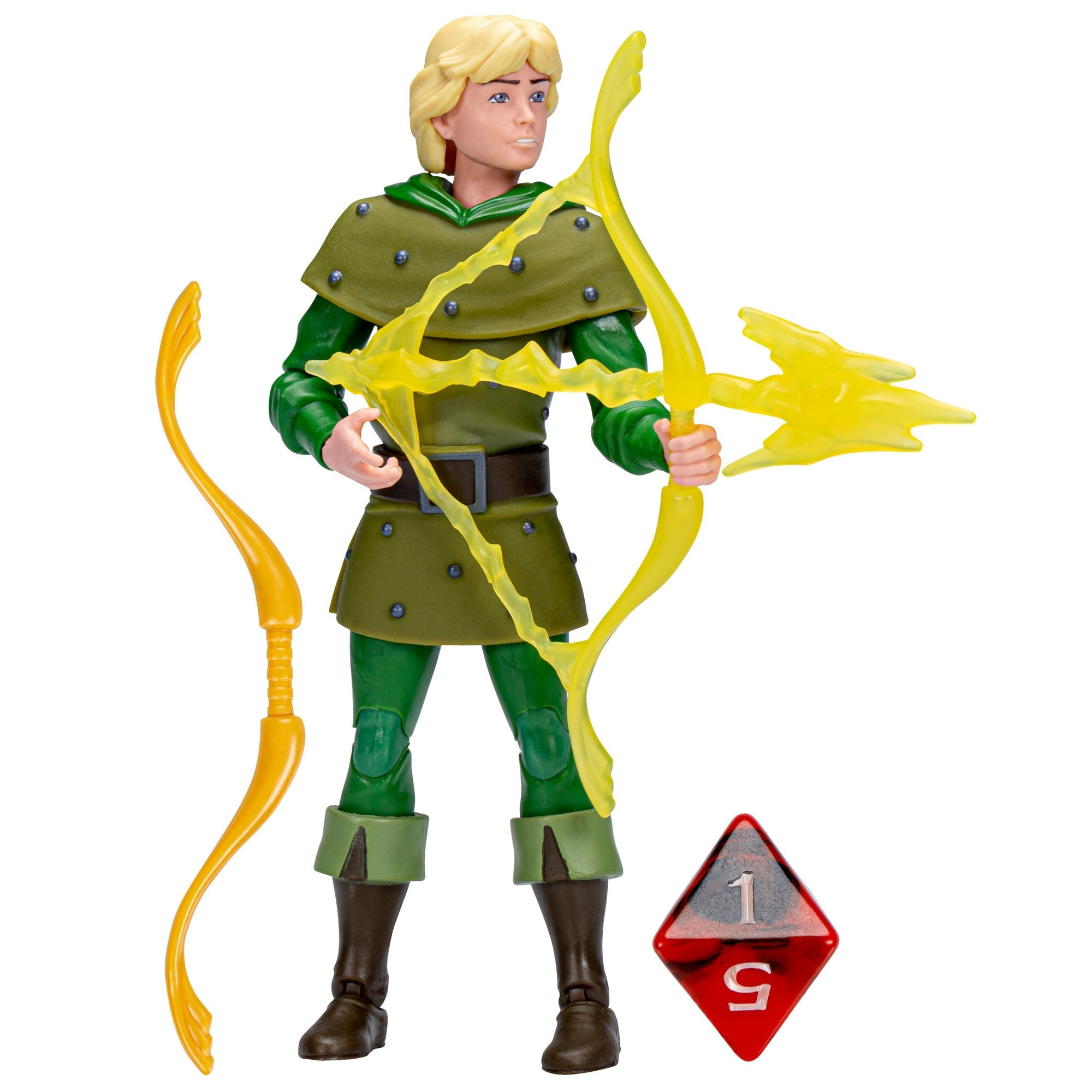 Una statuetta di un uomo con i capelli biondi, vestiti di verde, che tiene un arco giallo. Un dado rosso ai suoi piedi. Sfondo bianco.