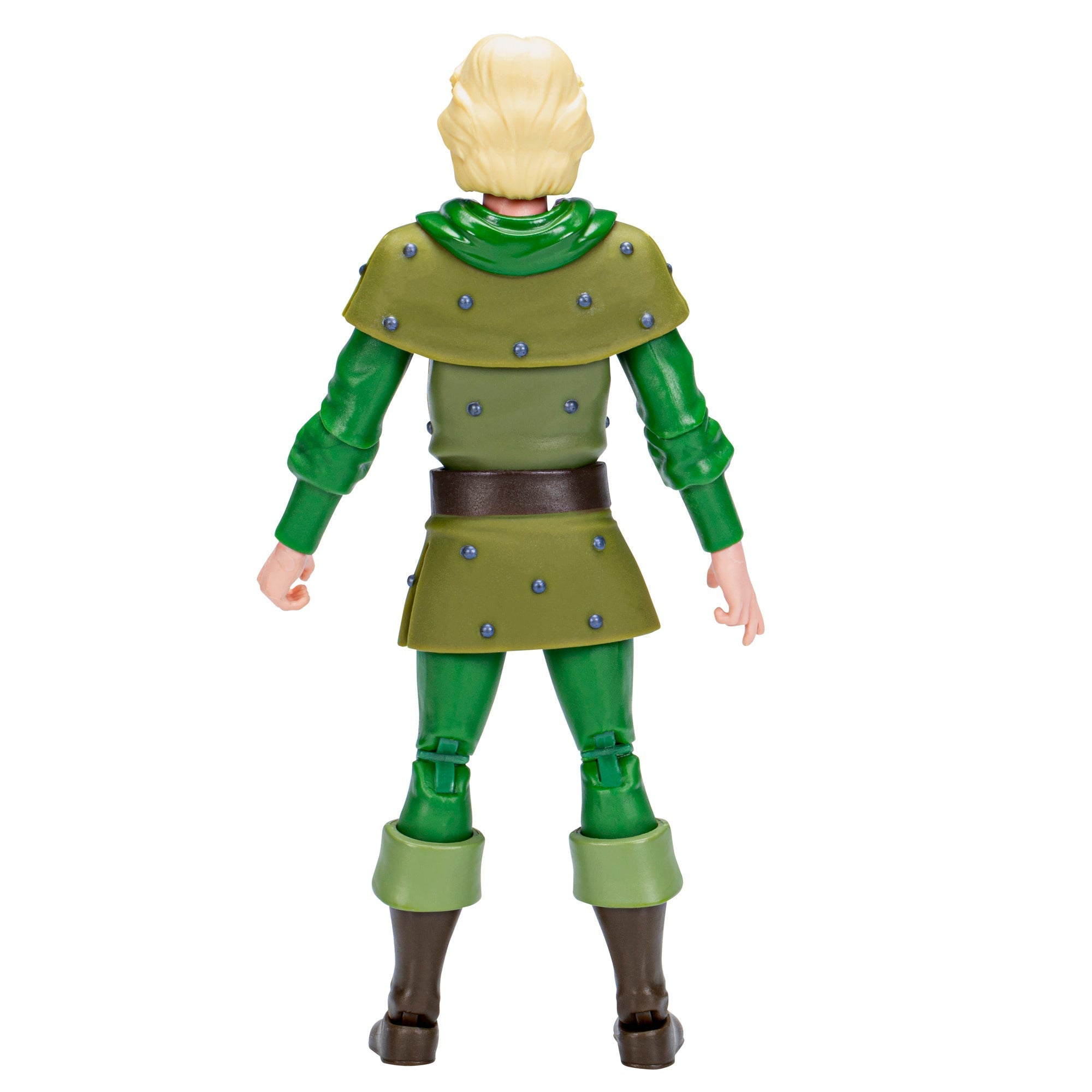Una statuetta vista da dietro, vestita di verde con cintura e stivali marrone chiaro. La statuetta ha i capelli biondi.