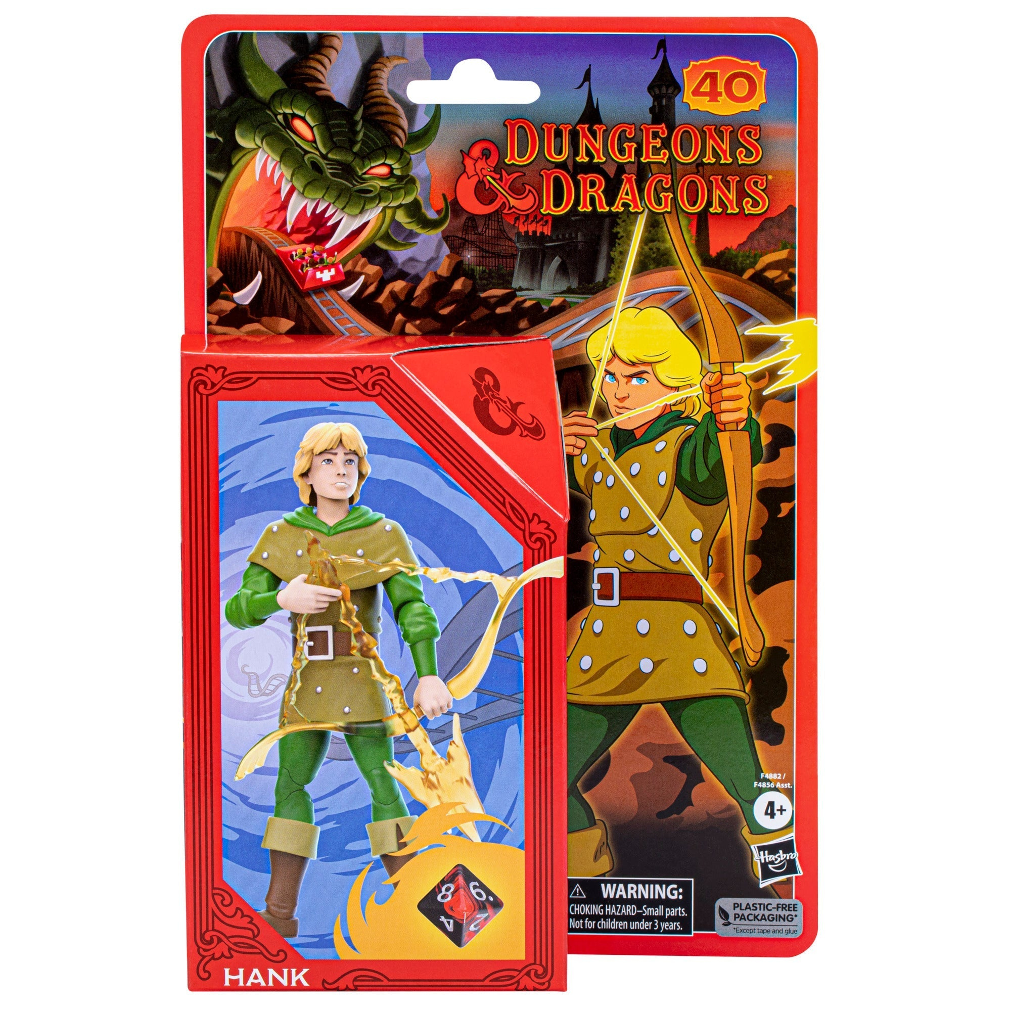 Una confezione di giocattoli di Dungeons & Dragons. Mostra un arciere dei cartoni animati. Lo sfondo ha un drago e un castello.