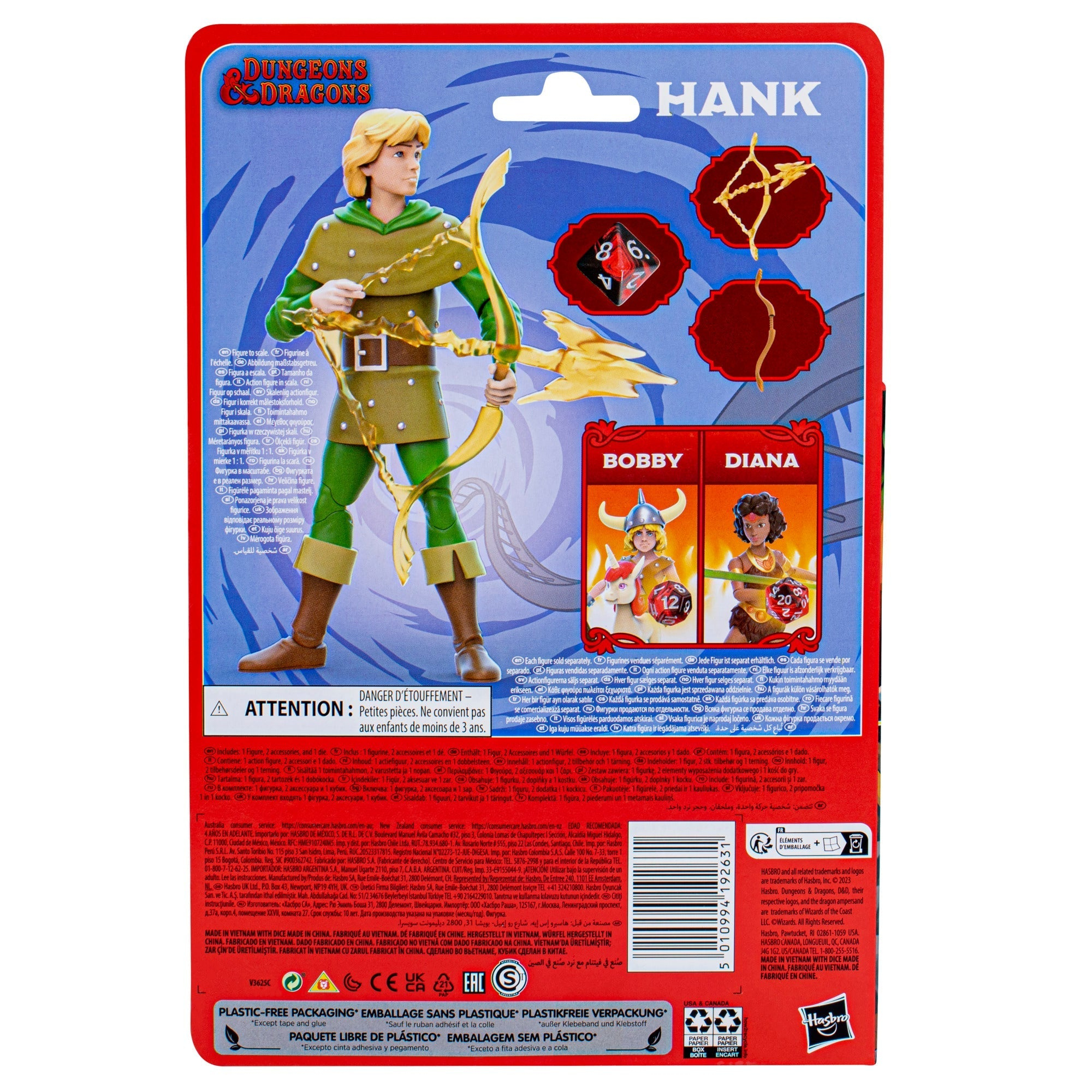 Il retro di una scatola di giocattoli di Dungeons & Dragons. Mostra Hank con arco e frecce.