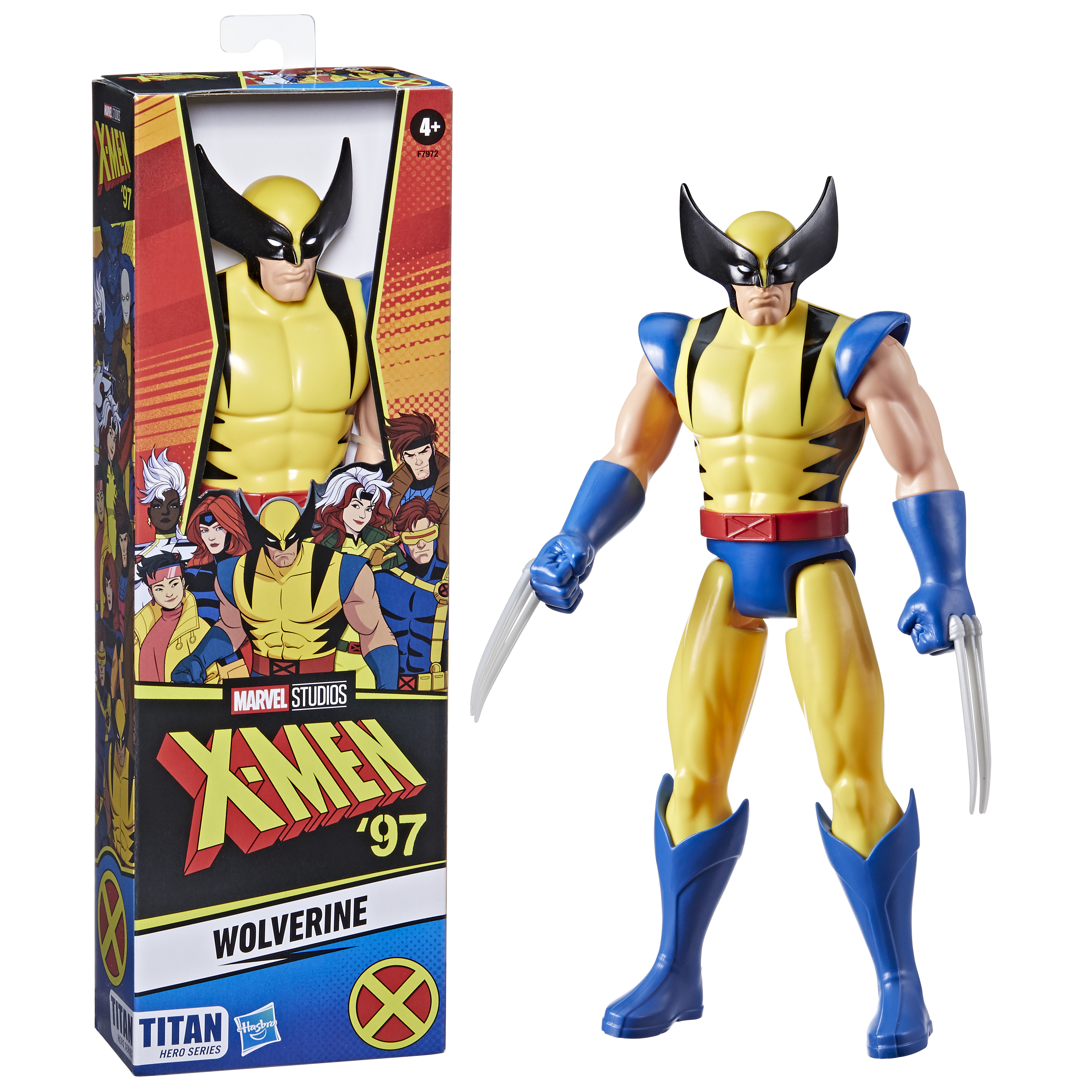 Figura de acción de Wolverine con disfraz amarillo y azul, embalada junto a ella. El arte de la caja presenta personajes de X-Men. Fondo blanco.
