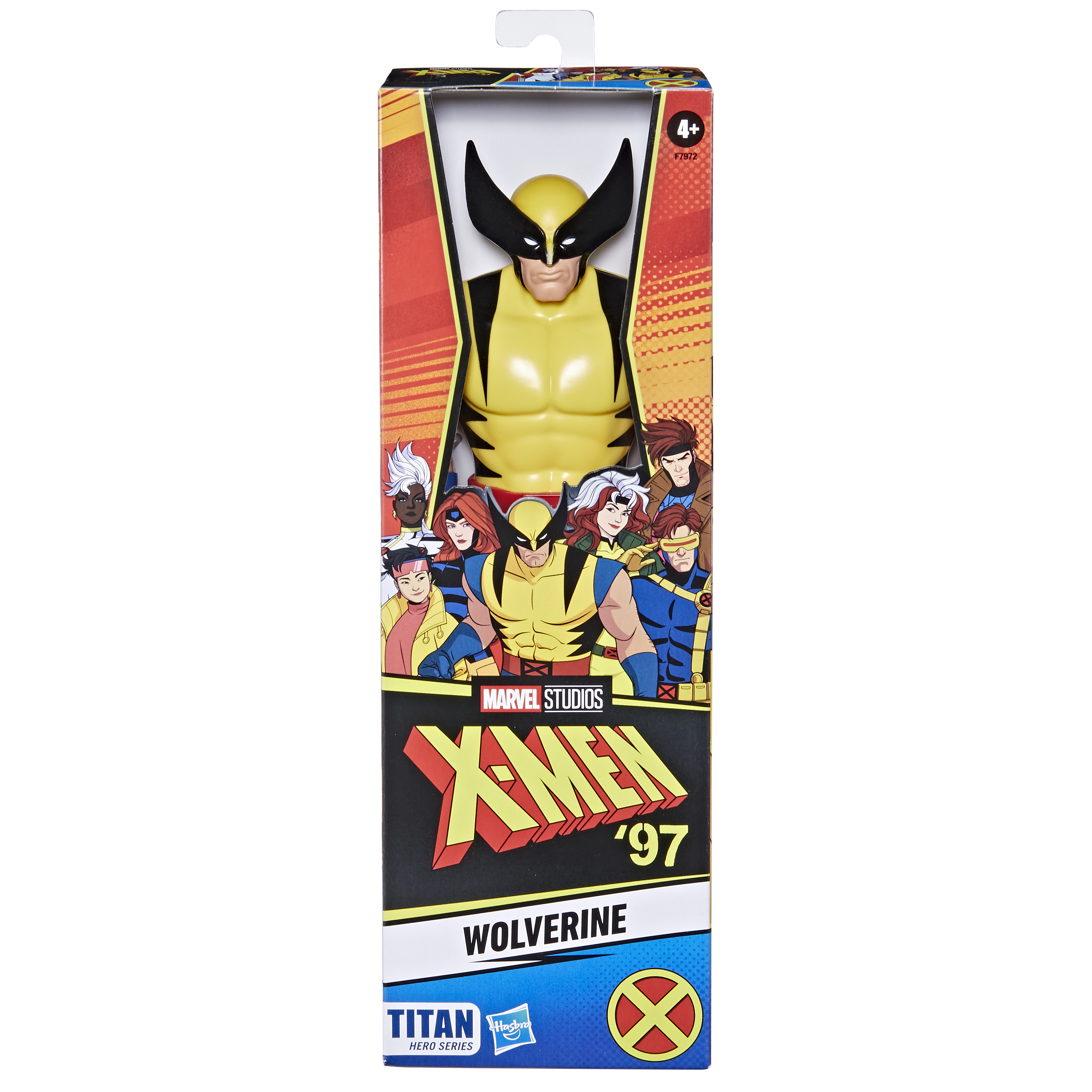 Figura de acción de Wolverine en caja. Traje amarillo y negro. Marca X-Men '97. Otros personajes de X-Men en el fondo.