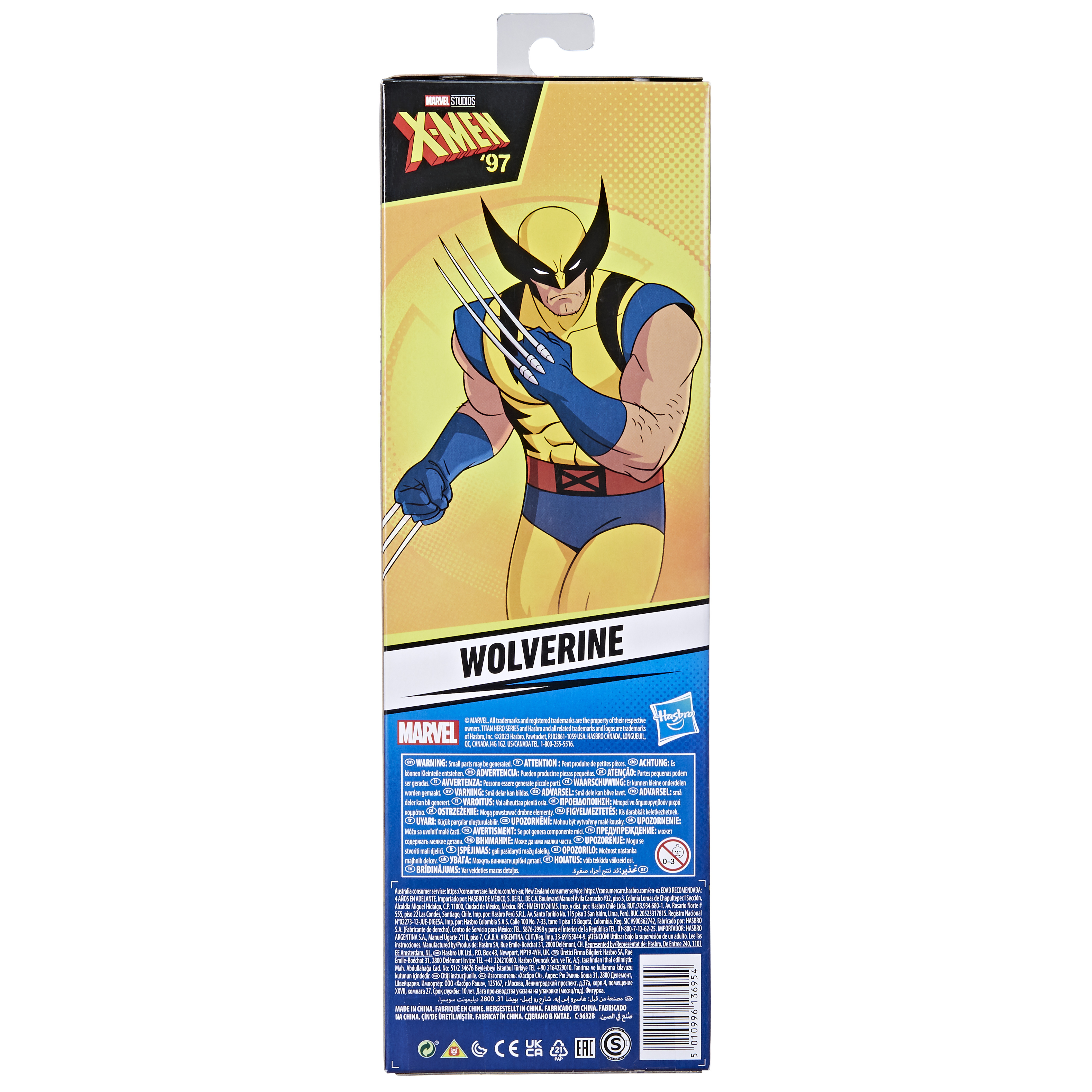 Parte trasera de la caja: ilustración de Wolverine. Traje amarillo y azul, garras extendidas. Texto: Wolverine, Marvel, X-Men '97.