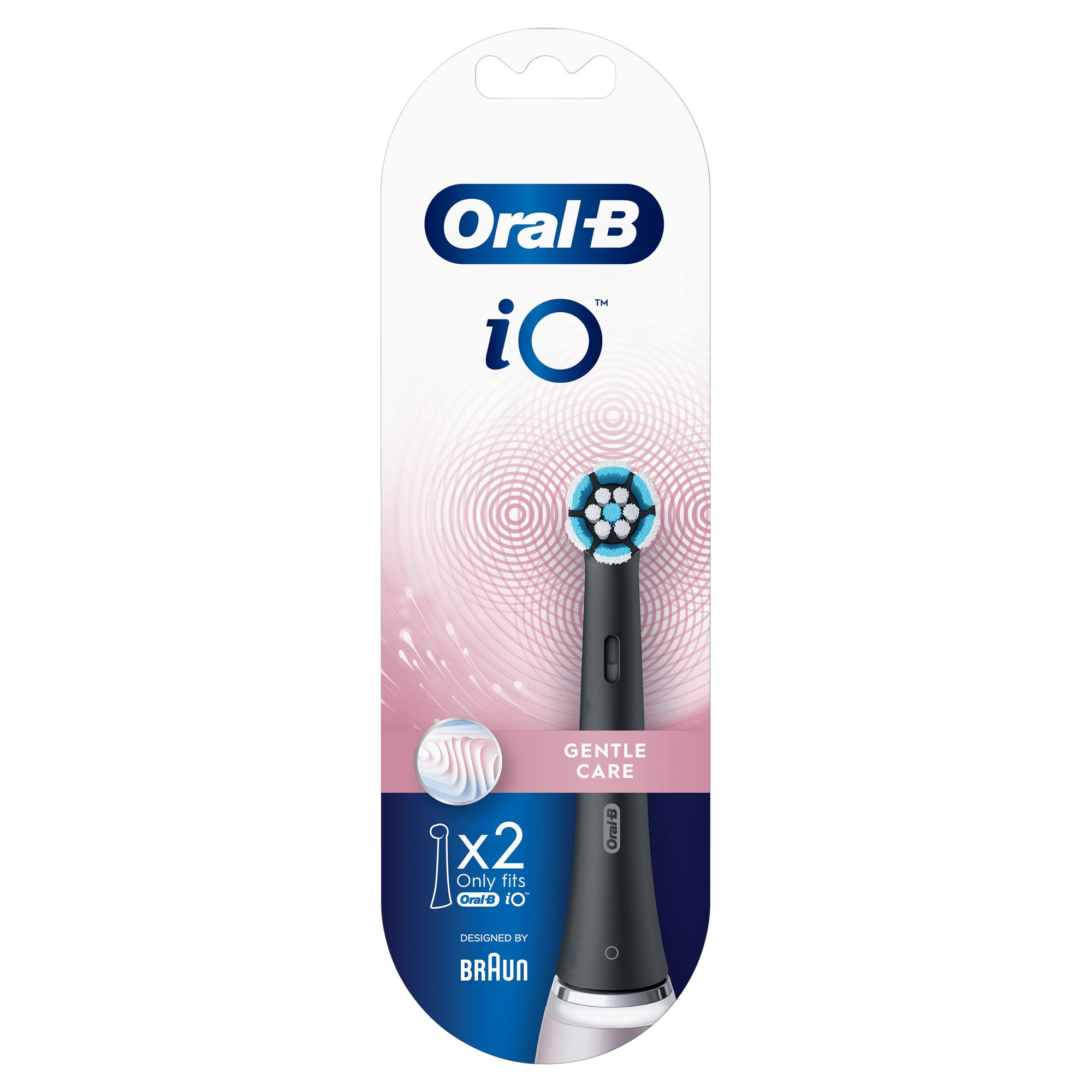 Opakowanie głowic do szczoteczki do zębów Oral-B iO. Opakowanie przedstawia czarną główkę ze niebieskim włosiem. Jest napis 'Gentle Care'.