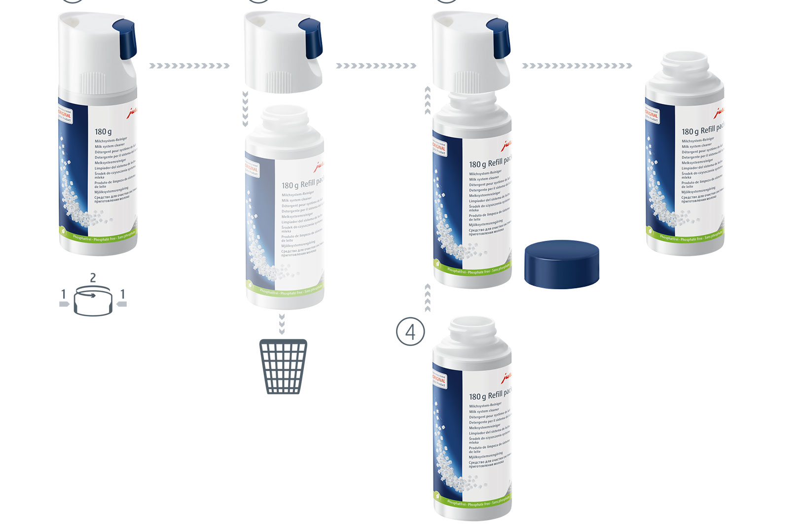 Une séquence montrant un produit de nettoyage démonté, comprenant la bouteille, le bouchon et un panier de nettoyage.