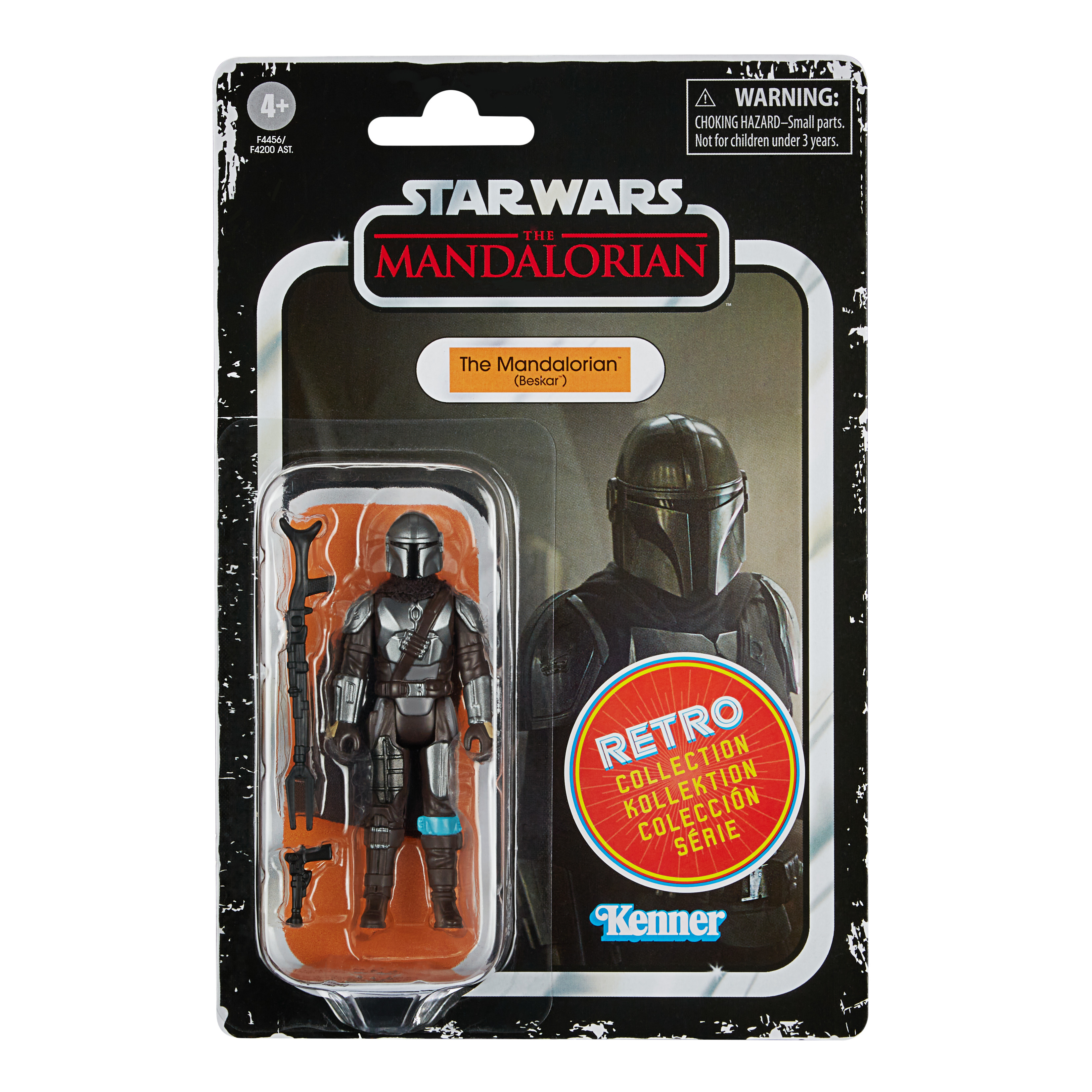 Figurka akcji Star Wars Mandalorian w opakowaniu retro. Figurka znajduje się w plastikowej obudowie.