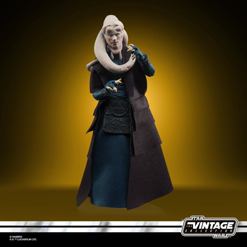 Un personaggio d'azione di Star Wars, un Jedi Twi'lek. Indossa una veste scura, con sfondo giallo e il logo Vintage Collection.