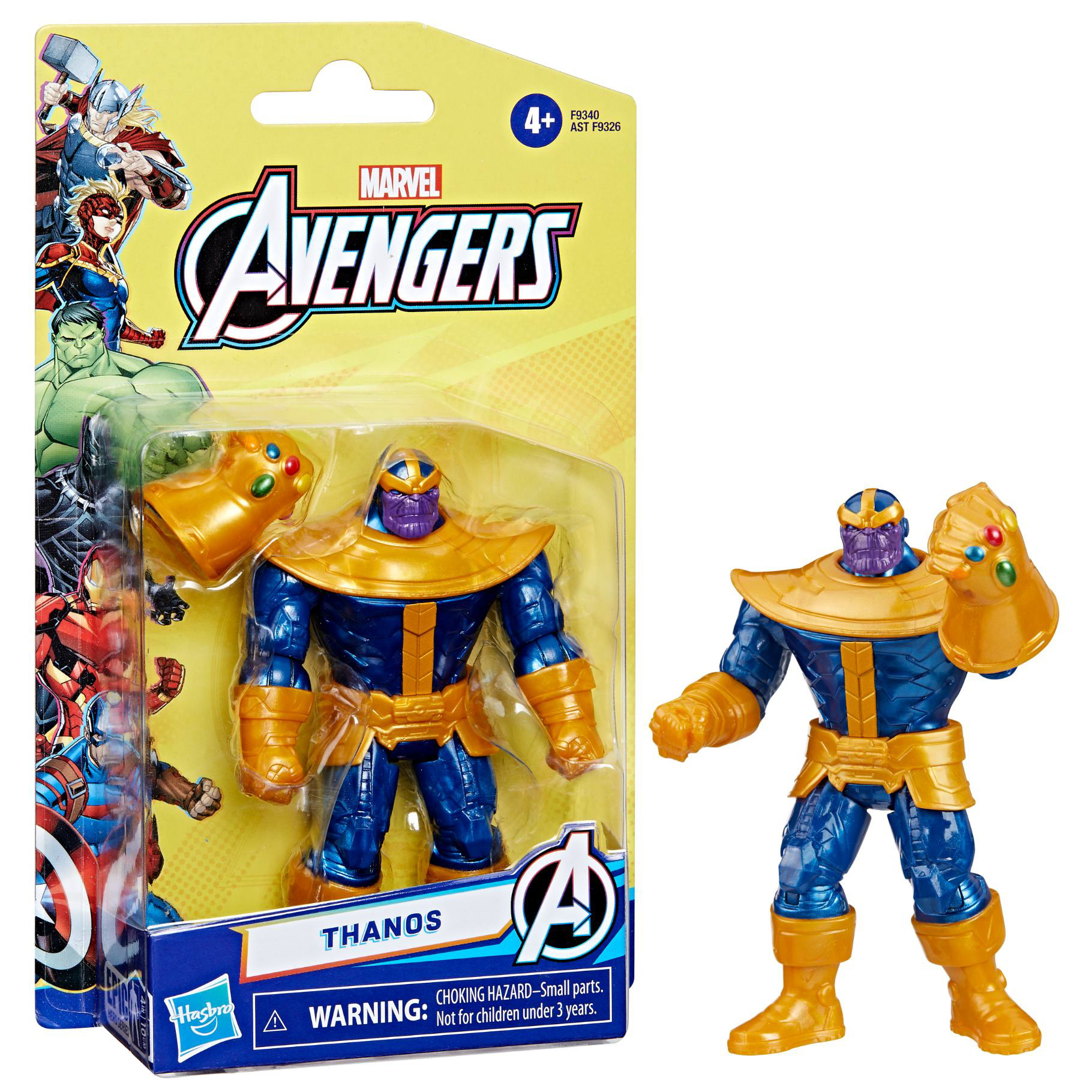 Figurka Thanos w opakowaniu. Figurka jest niebiesko-złota, trzymająca Rękawicę Nieskończoności. Widoczne logo Avengers.