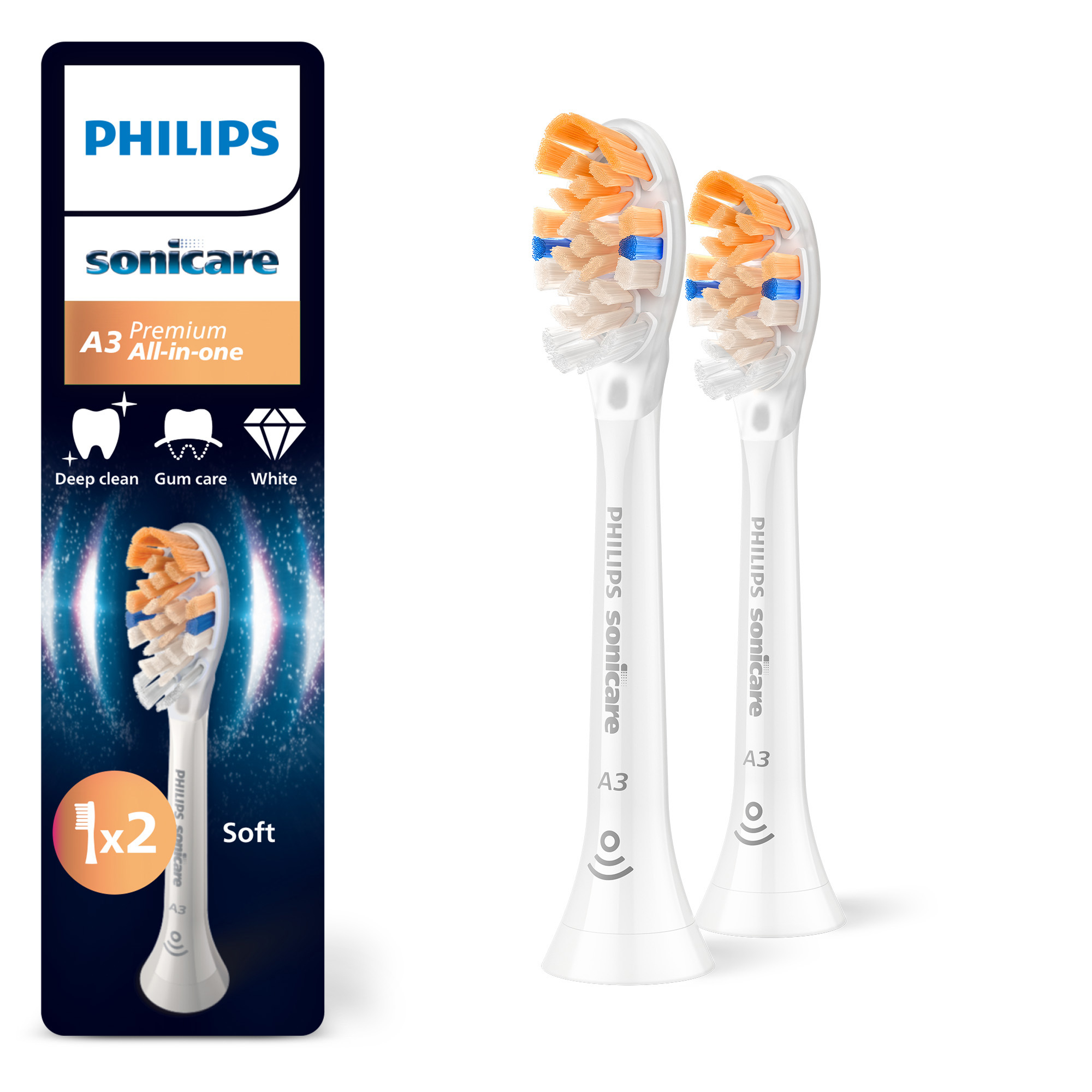 Due testine per spazzolino Philips Sonicare A3 con setole arancioni, blu e bianche. La confezione mostra il marchio e le informazioni sul prodotto.