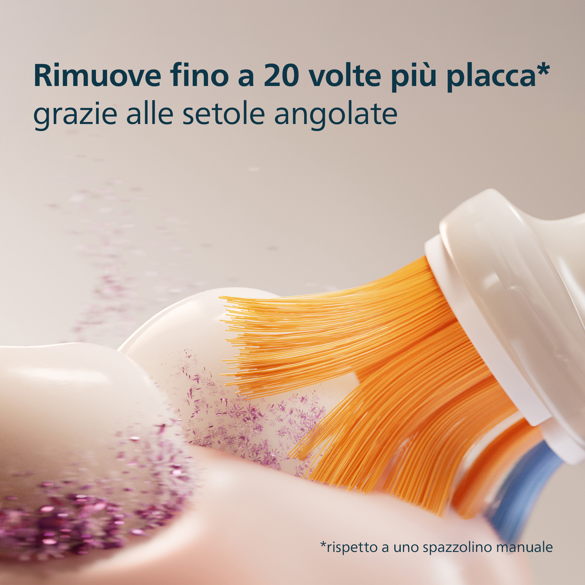 Un primo piano mostra uno spazzolino con setole arancioni. Sono visibili anche dentifricio e glitter viola.
