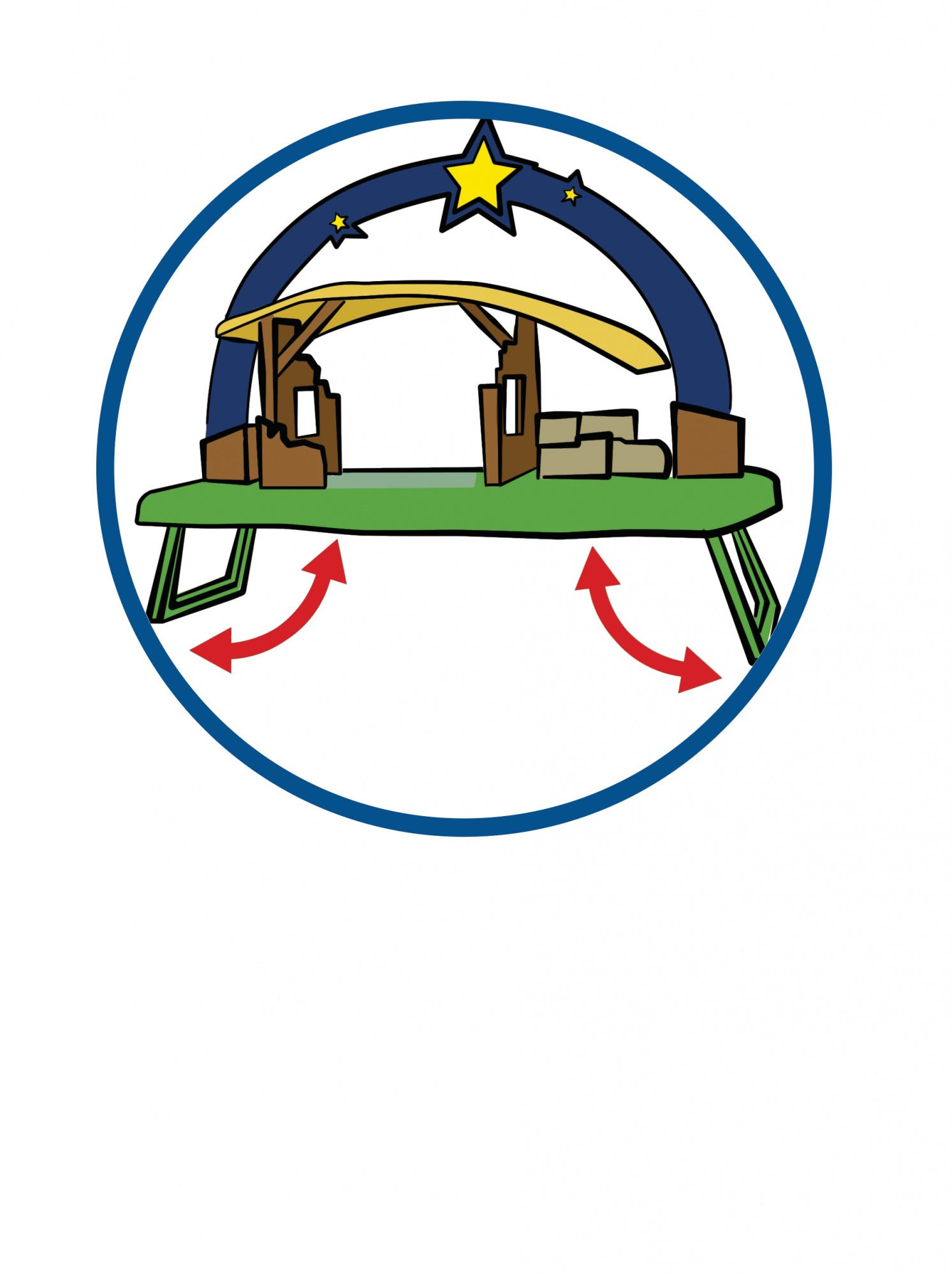Illustrazione di una scena della natività all'interno di un cerchio blu. Include una stella, una stalla e frecce che puntano verso l'interno.
