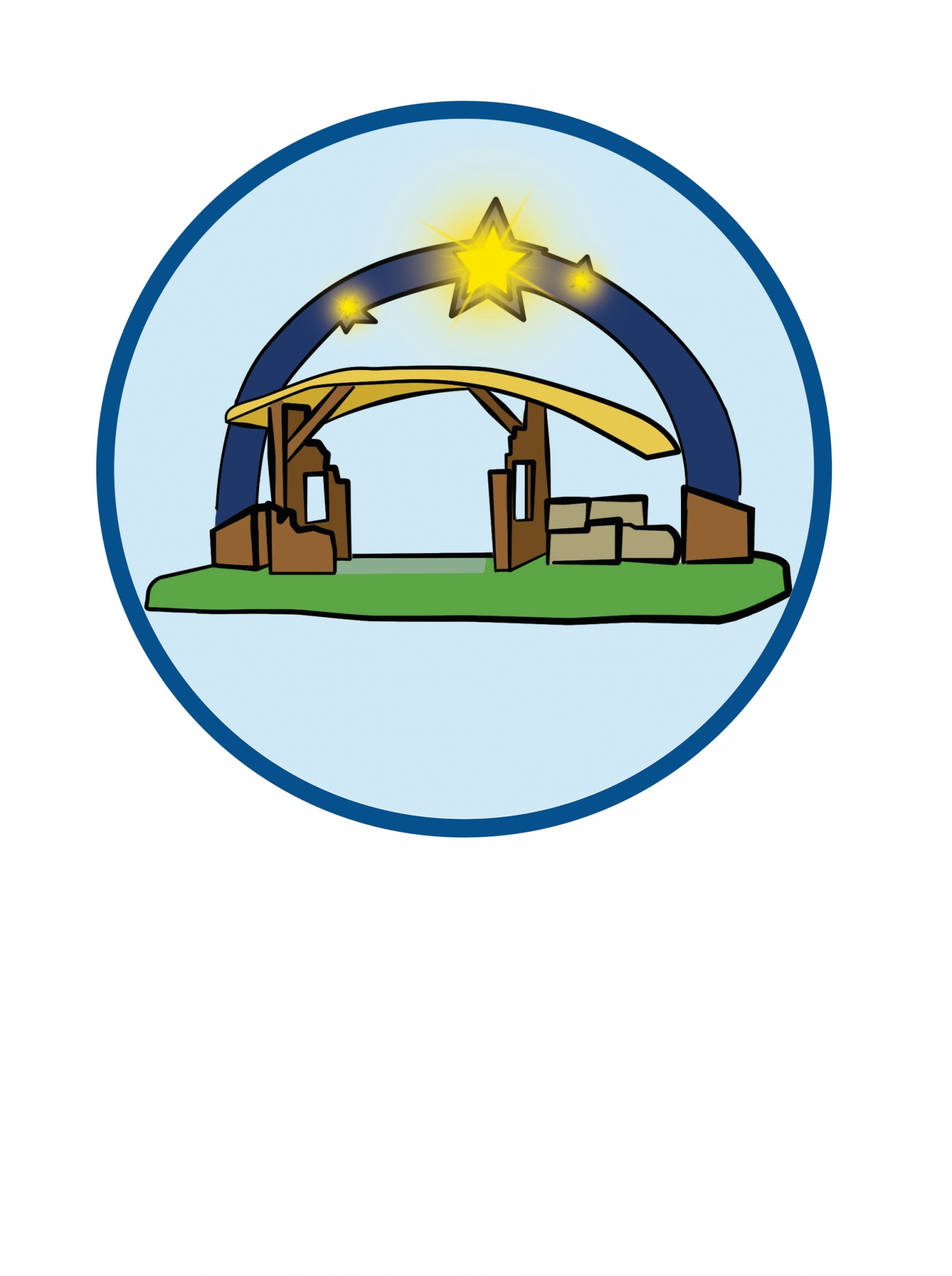 Illustrazione di una scena della natività all'interno di un cerchio blu. Raffigura una stalla con una stella sopra.