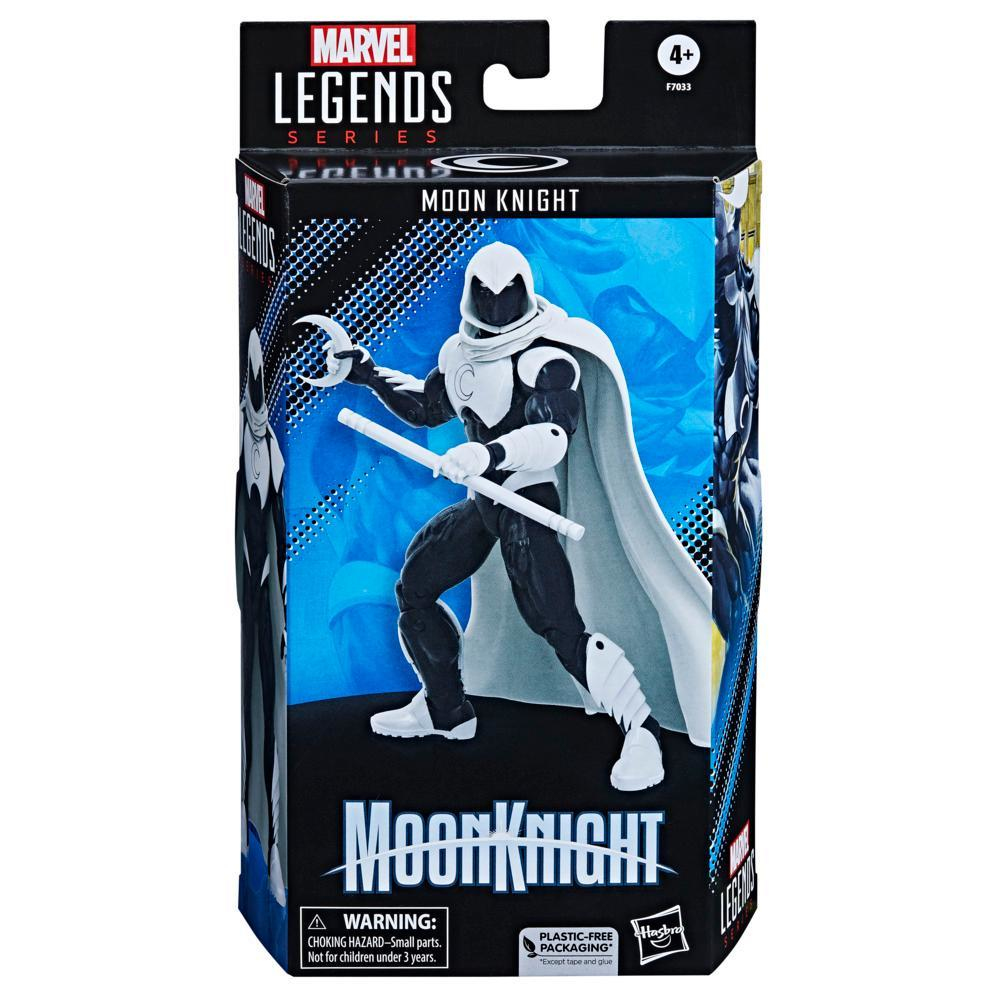 Figurka Moon Knight w pudełku. Figurka jest biało-czarna, trzymająca laskę. Pudełko ma logo Marvel Legends.