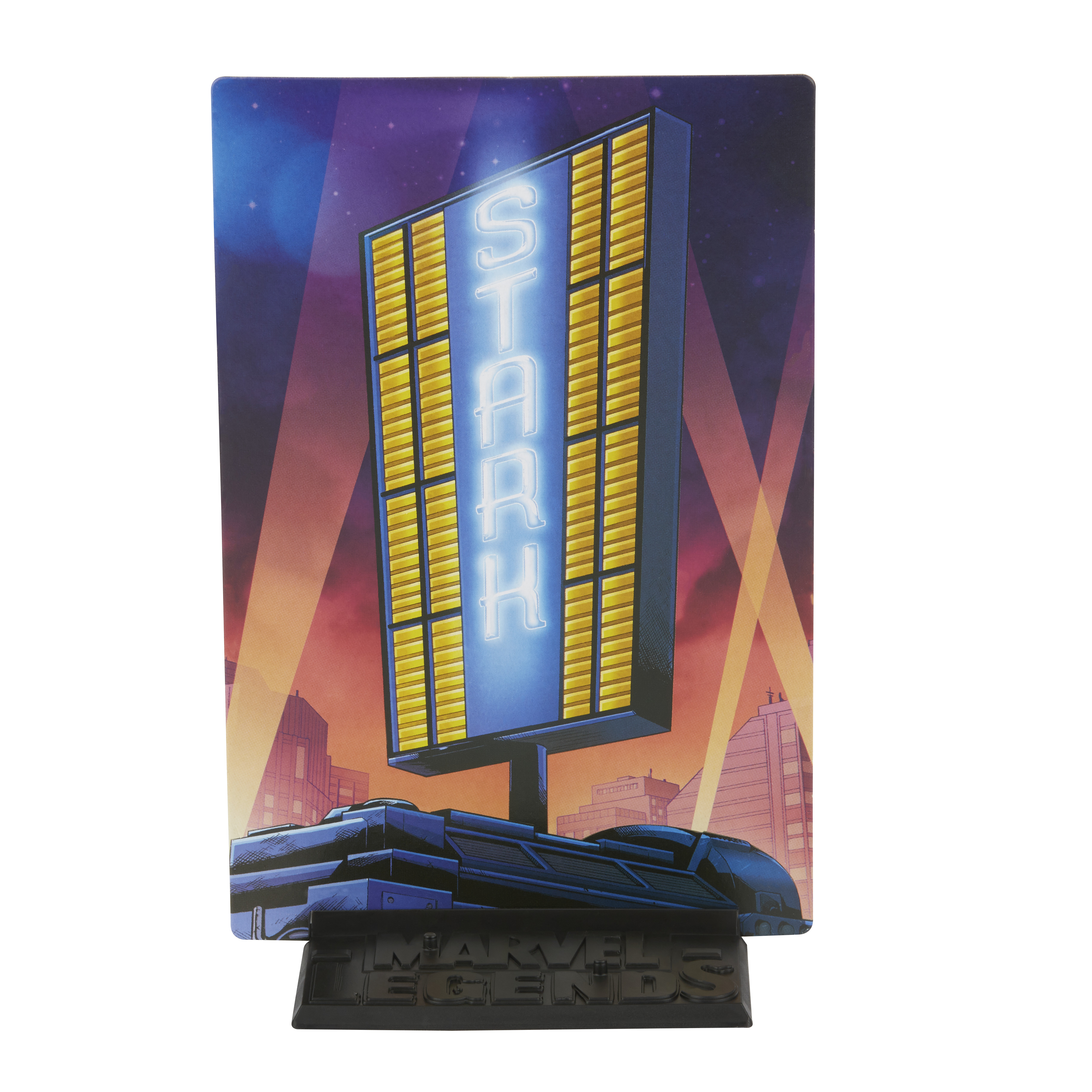 Znak Starka, podstawa Marvel Legends. Znak głosi STARK w niebieskim neonie. Tło pokazuje budynki miejskie i światła.