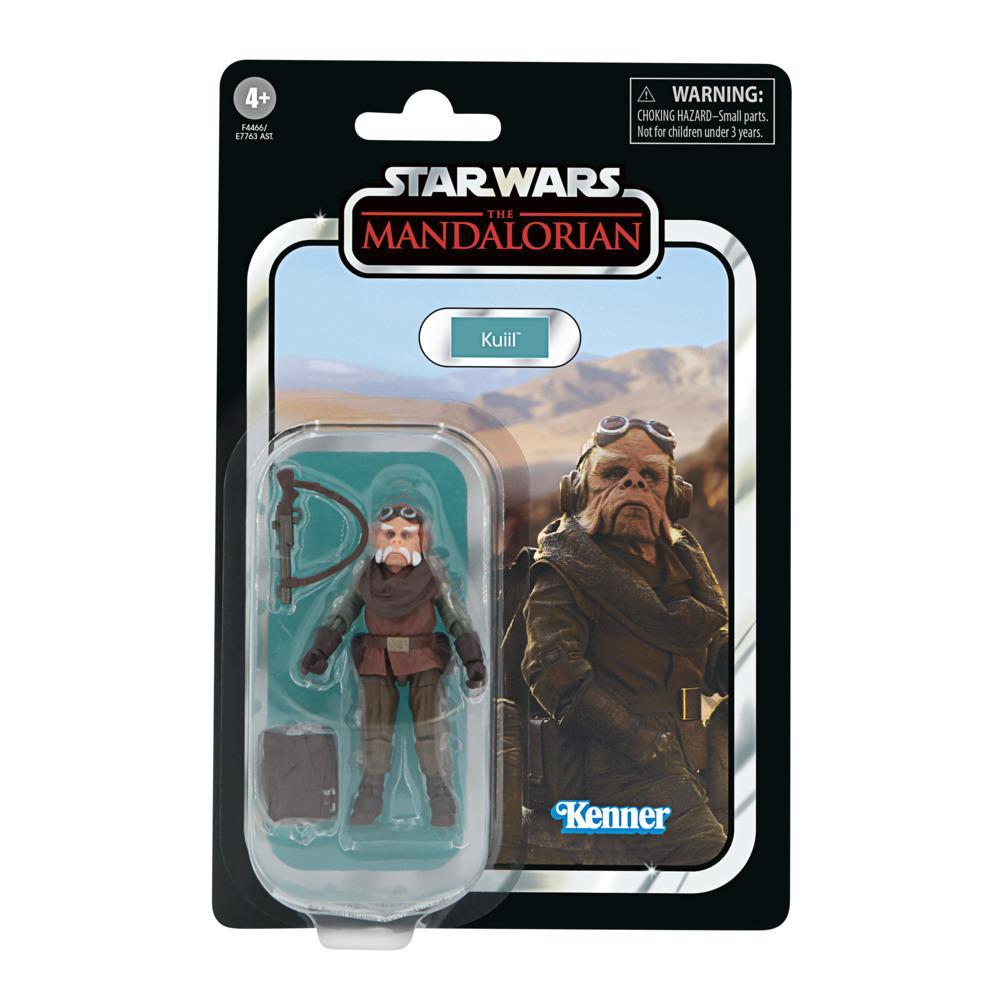 Action figure di Star Wars The Mandalorian di Kuiil. Confezionato in una scatola bianca e nera, con un'immagine di Kuiil stesso.