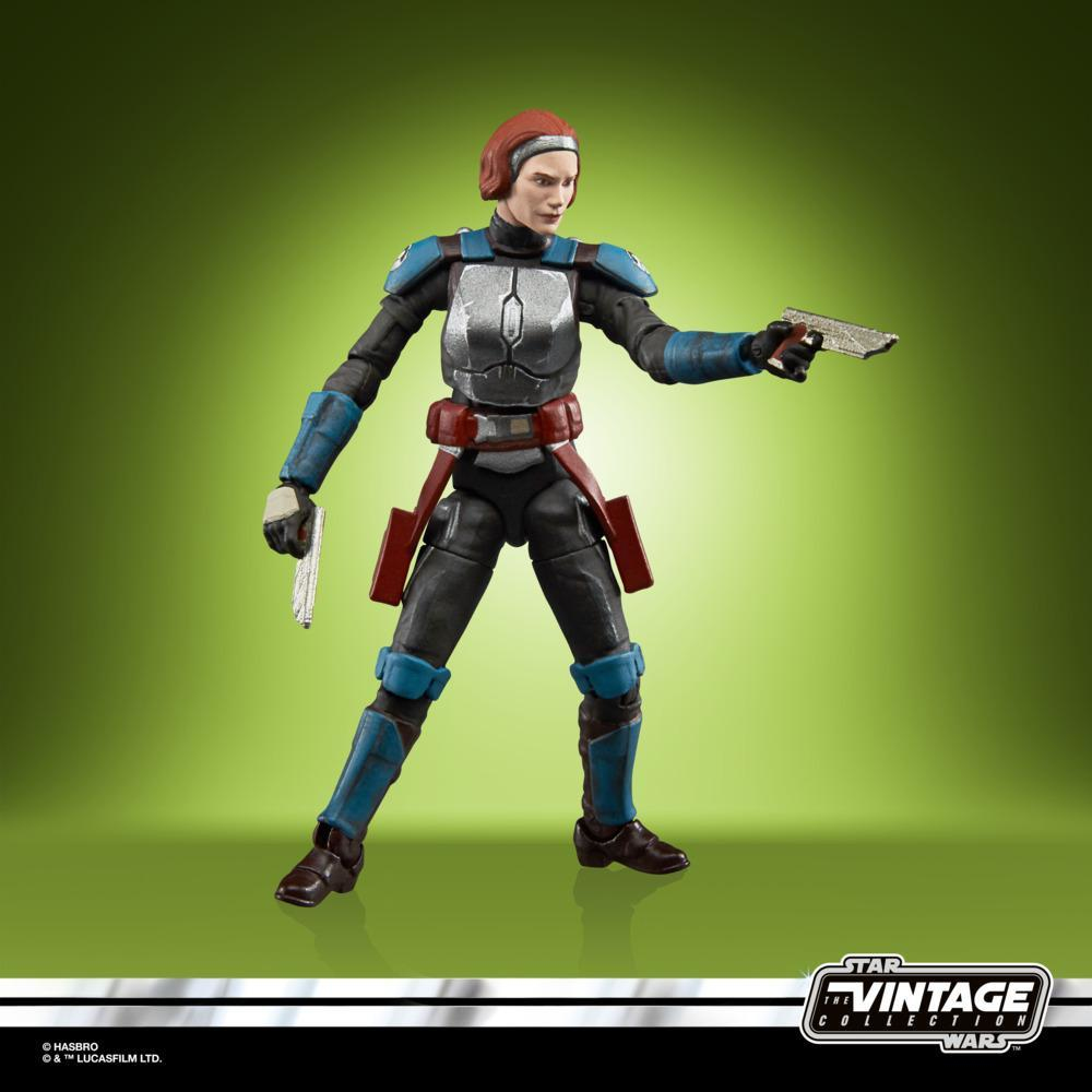 Una figura di Star Wars, femminile, in armatura, con due blaster. Accenti blu, argento e rossi. Logo Vintage Collection.
