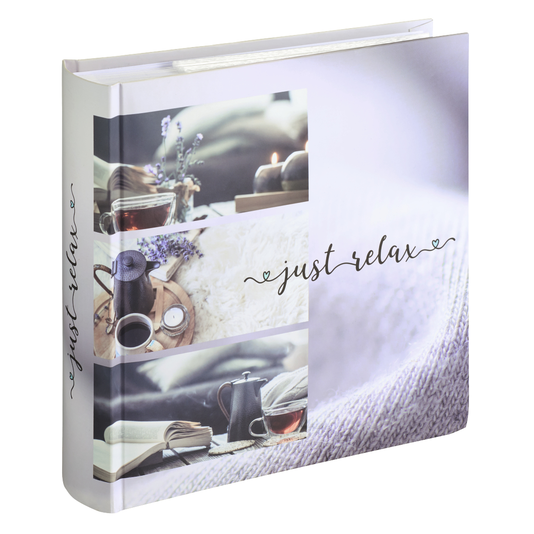 Album fotograficzny z napisem 'just relax' na grzbiecie i okładce. Okładka zawiera trzy zdjęcia lifestyle'owe przedstawiające relaks.