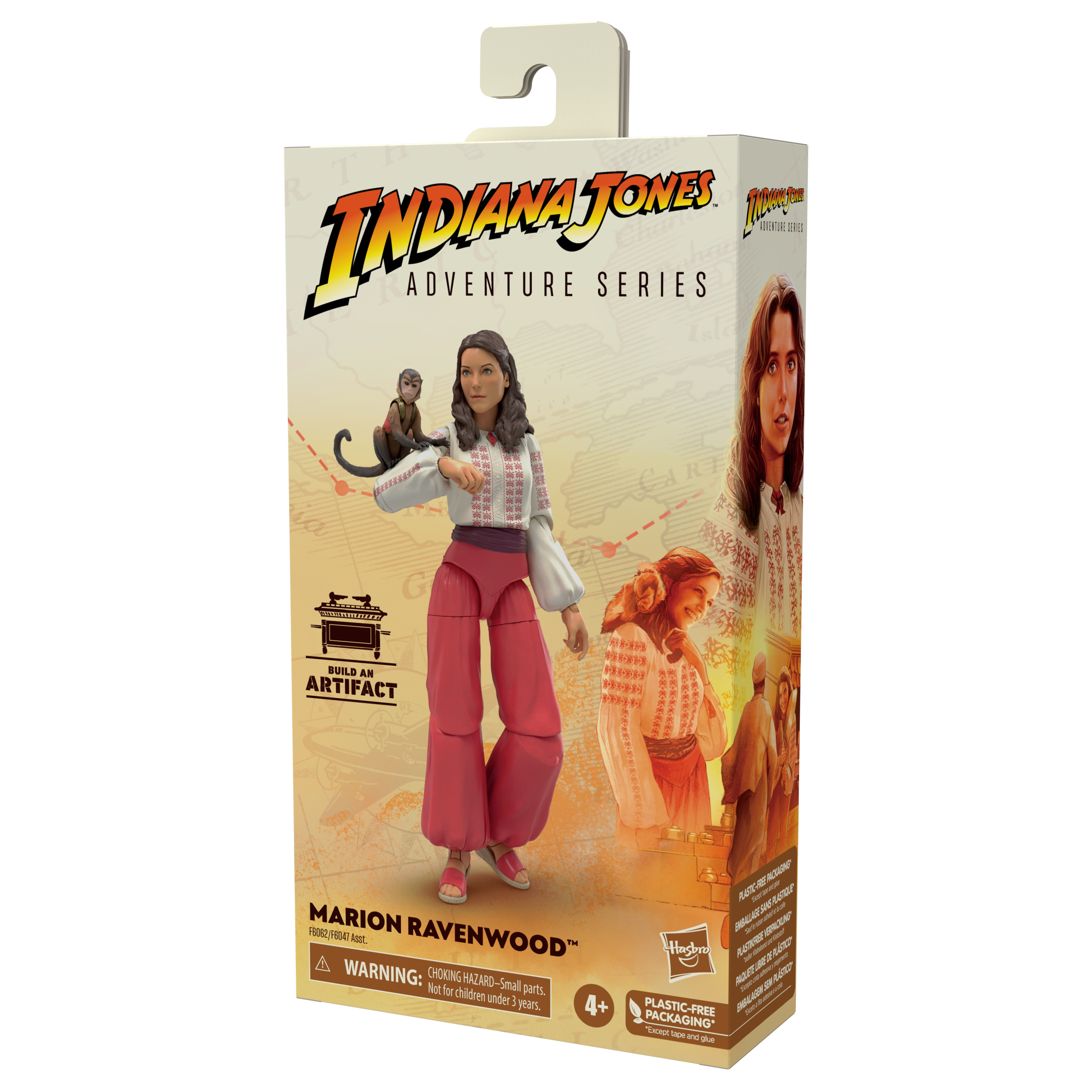 Illustrazione della scatola per la figure Marion Ravenwood. Tiene una scimmia. La scatola mostra immagini di lei e il logo Indiana Jones.