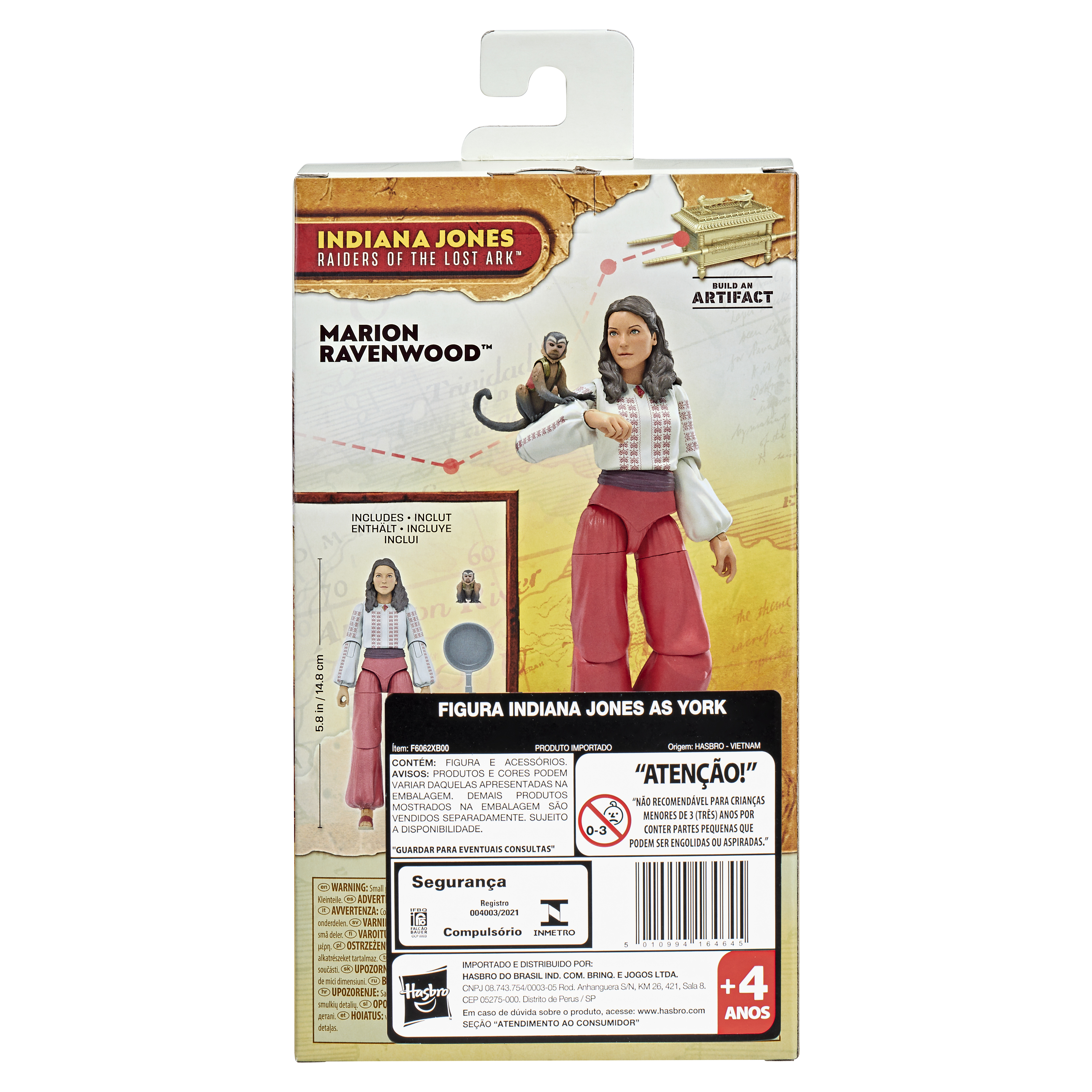La scatola mostra una figura di Marion Ravenwood con una scimmia. Testo in inglese e altre lingue sul giocattolo.