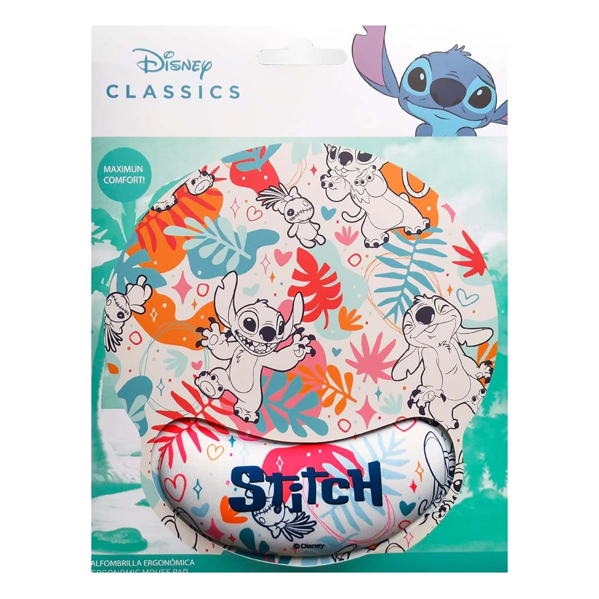 Mousepad con Stitch di Lilo & Stitch della Disney. Il design include i personaggi di Stitch e motivi tropicali. Il pad ha un poggiapolsi ergonomico.