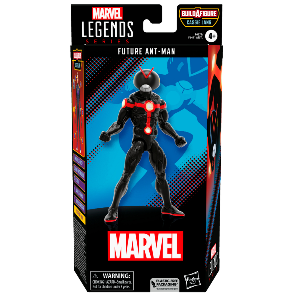 Una caja de Marvel Legends muestra una figura de Future Ant-Man. La figura es negra con detalles rojos. El fondo es azul.