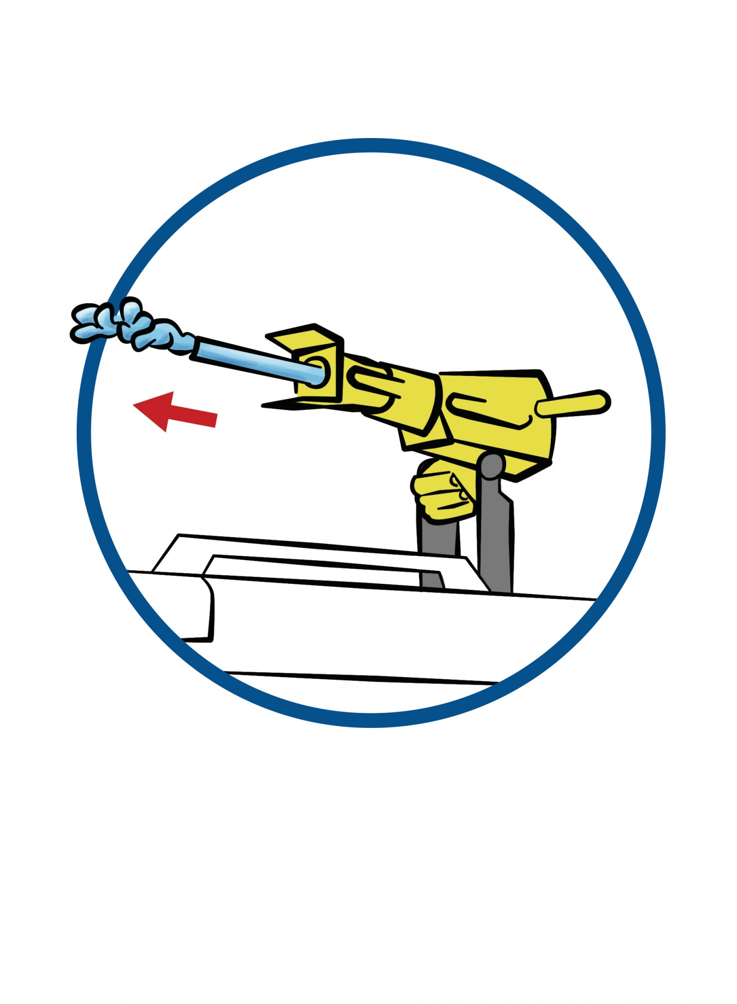 Żółte działo wodne rozpyla wodę, wskazywaną przez niebieskie obłoki. Czerwona strzałka pokazuje kierunek ruchu.