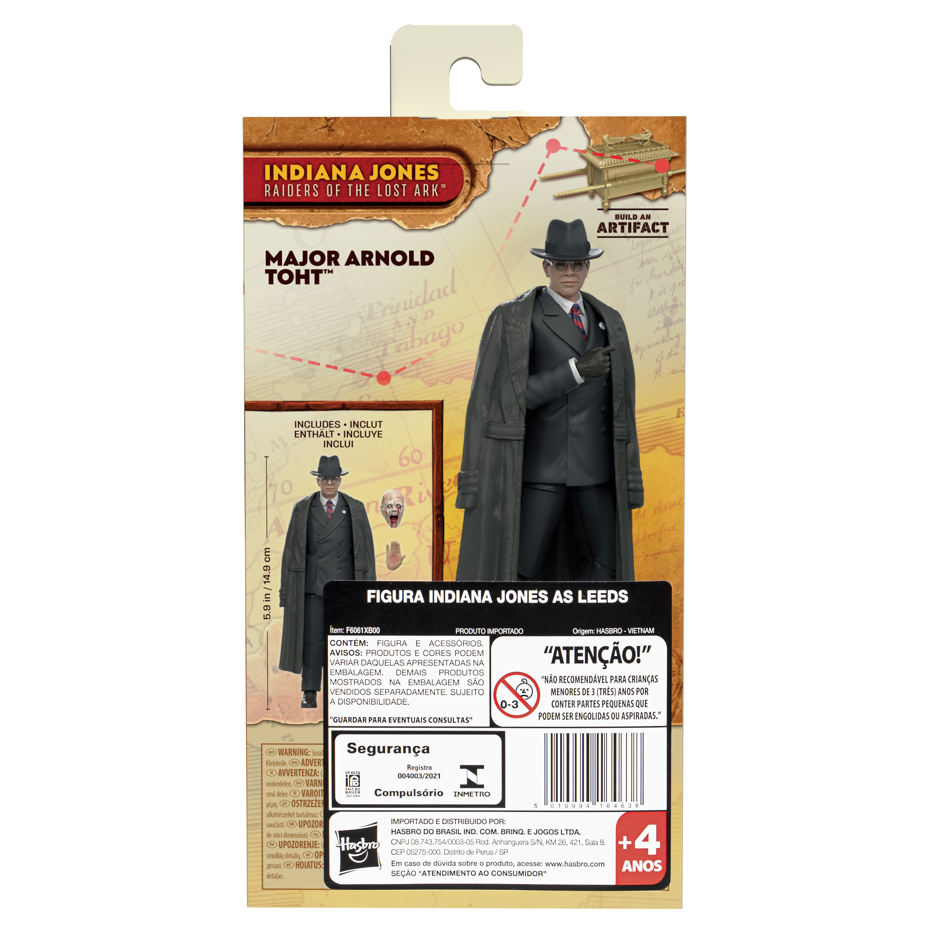 La confezione mostra la figura di Indiana Jones, il maggiore Arnold Toht e immagini di artefatti con testo.
