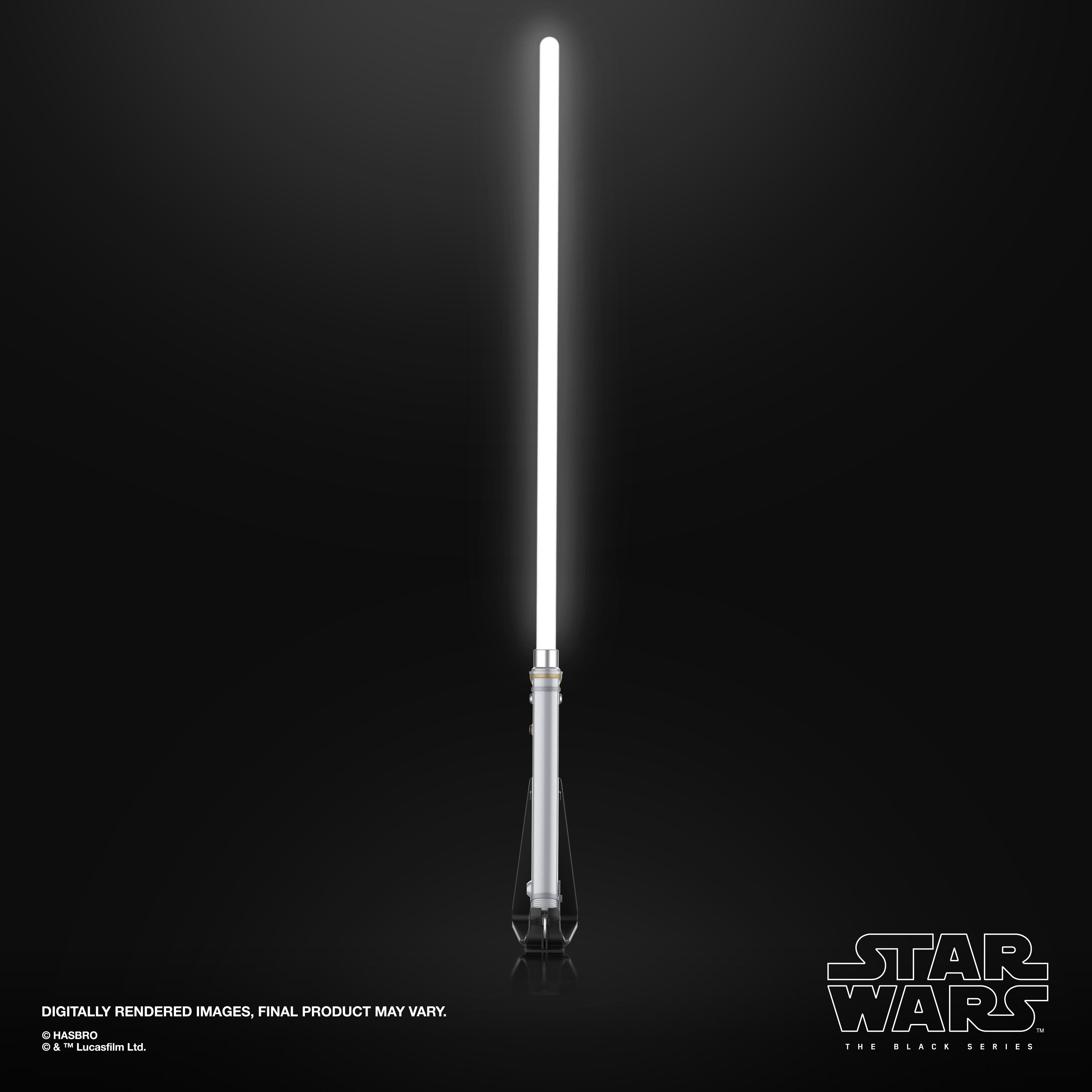 Gümüş saplı beyaz bir ışın kılıcı, siyah bir arka plan üzerinde dikey duruyor. Star Wars logosu görülebilir.