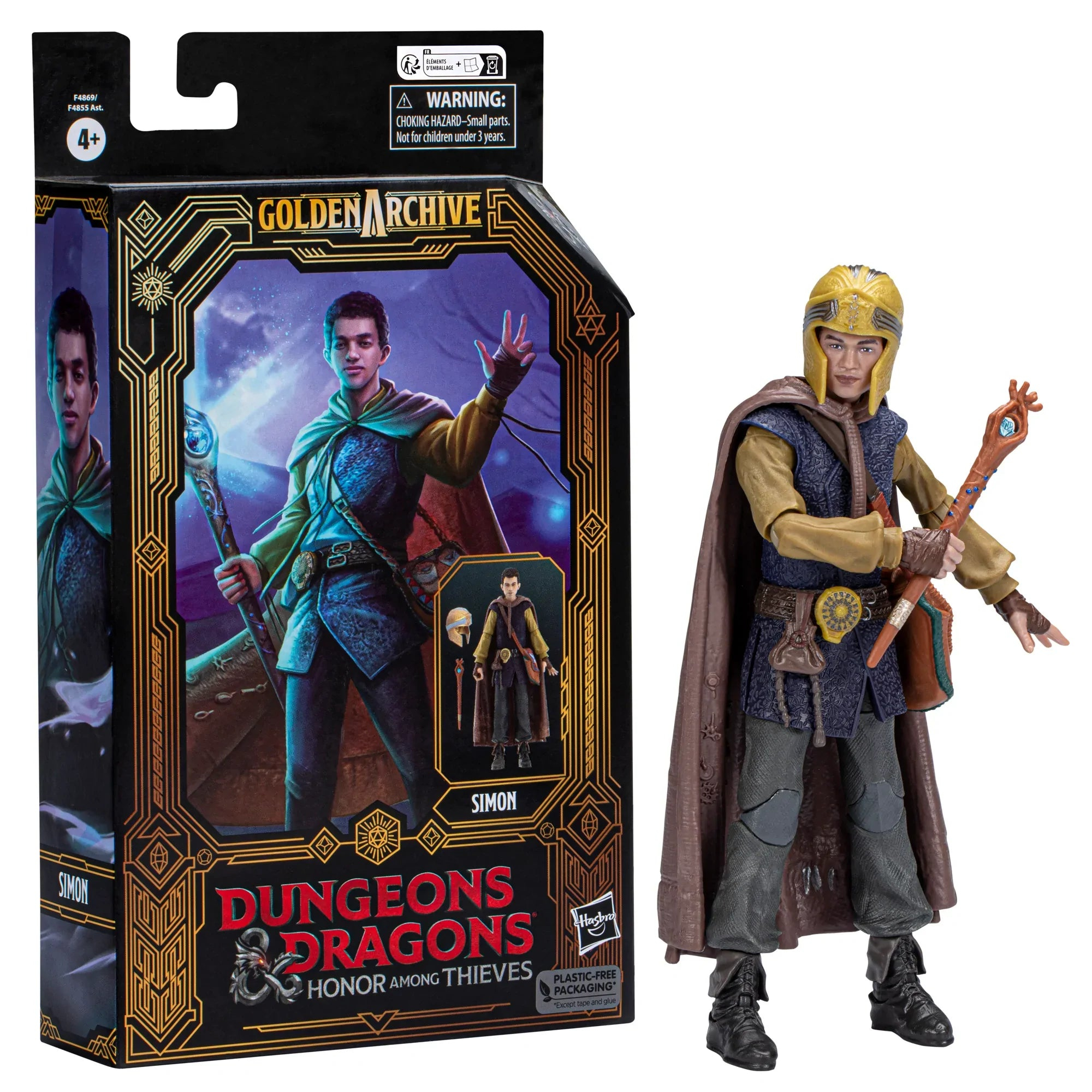 Action figure di Simon di Dungeons & Dragons, in scatola. Indossa un'armatura e un mantello, tenendo un bastone.