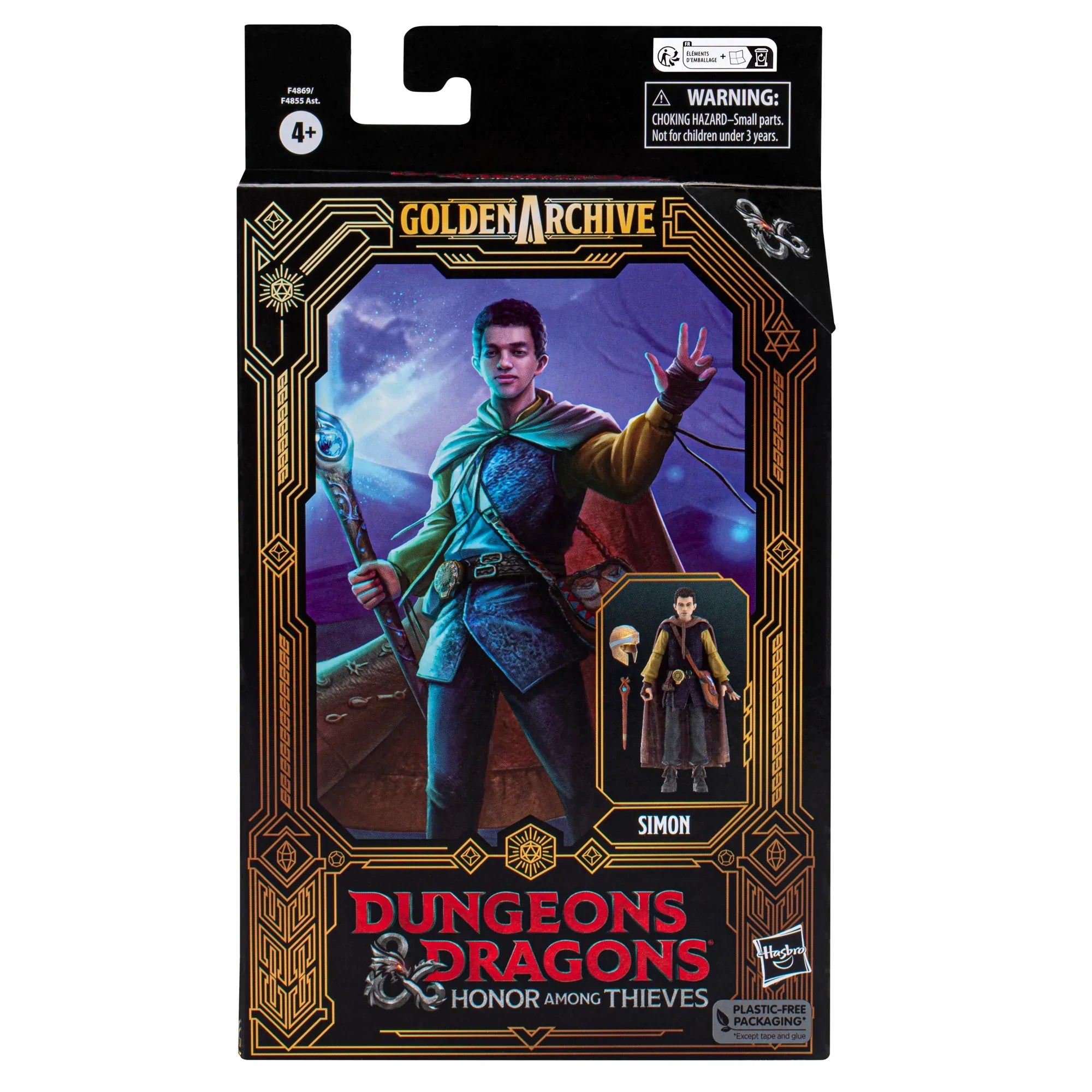 Illustrazione della scatola del giocattolo Dungeons & Dragons. È presente la figura di Simon. La scatola ha dettagli dorati e dice 'Golden Archive'.