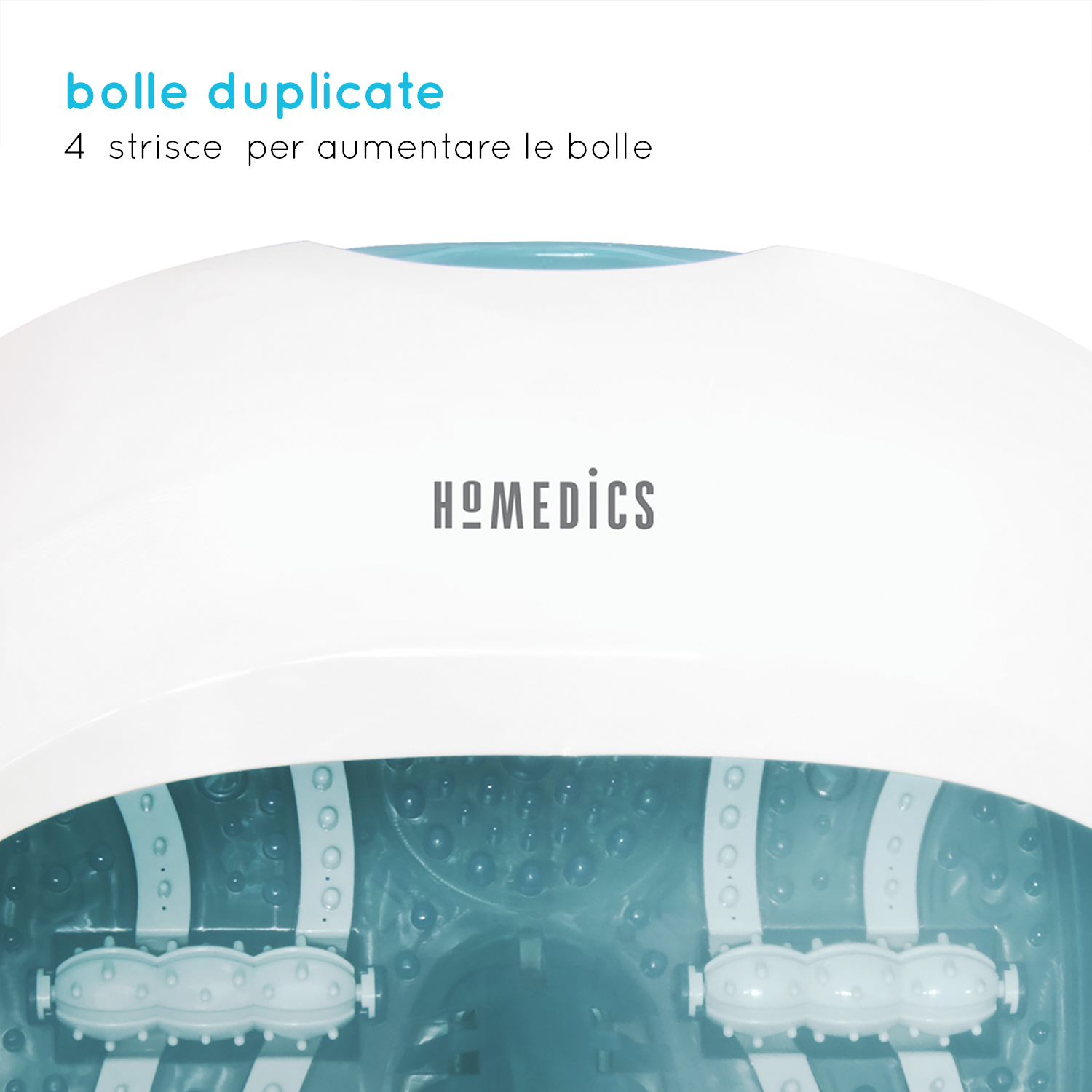 Ein weiß-blaues Fußbad. Das Homedics-Logo ist sichtbar. Die Innenstruktur umfasst Rollen und Sprudelstrahlen. Text auf Italienisch.