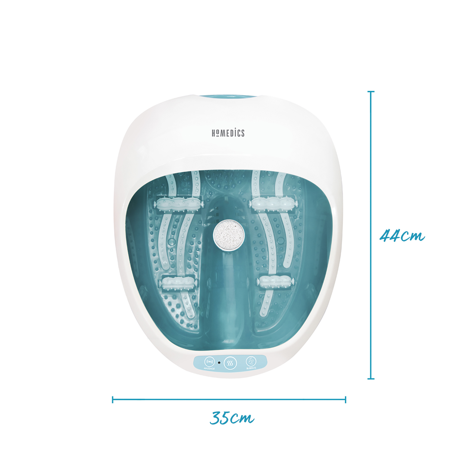 Ein weißes und blaugrünes Fußbad. Es trägt den Markennamen 'Homedics'. Die Abmessungen sind 44 cm hoch und 35 cm breit.