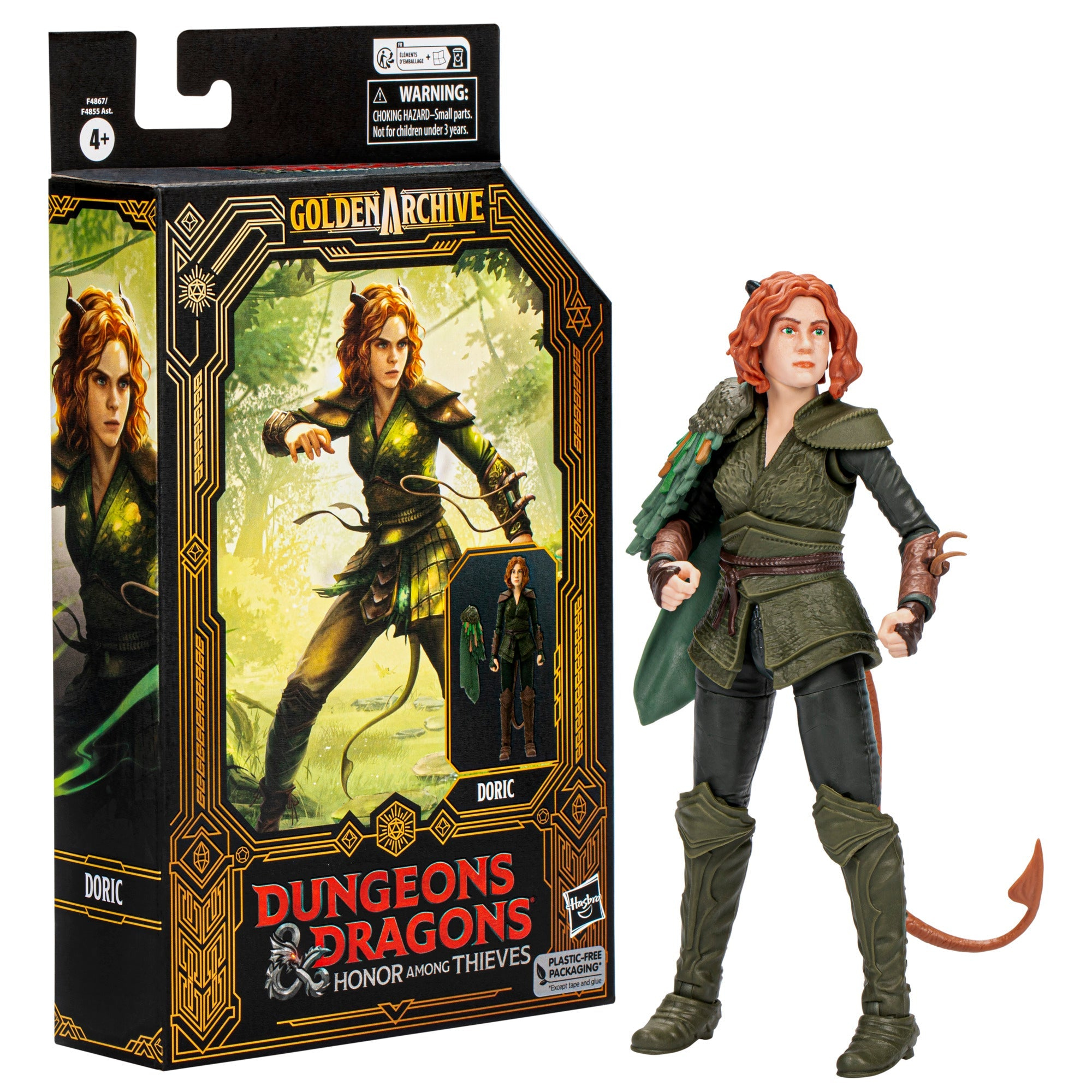 Eine Doric-Actionfigur aus Dungeons & Dragons. Sie befindet sich in einer Box mit Kunst des Charakters und des Spieltitels.