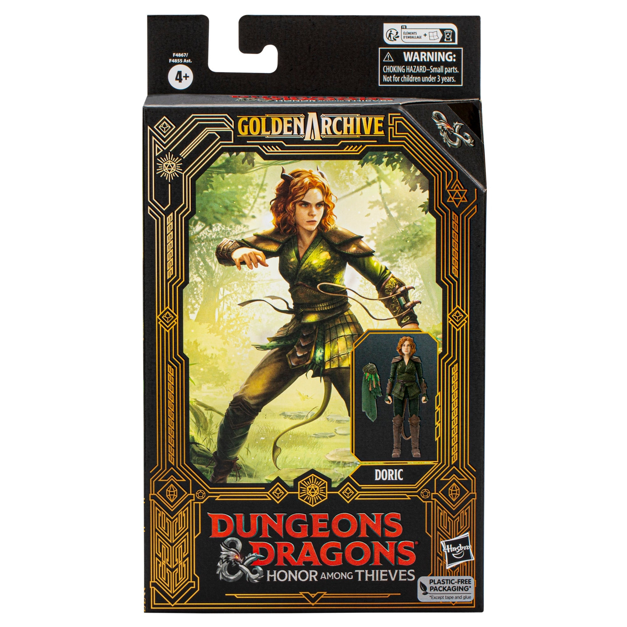 Box-Art für eine Dungeons & Dragons Actionfigur. Es zeigt eine weibliche Figur namens Doric, in grüner und brauner Kleidung.