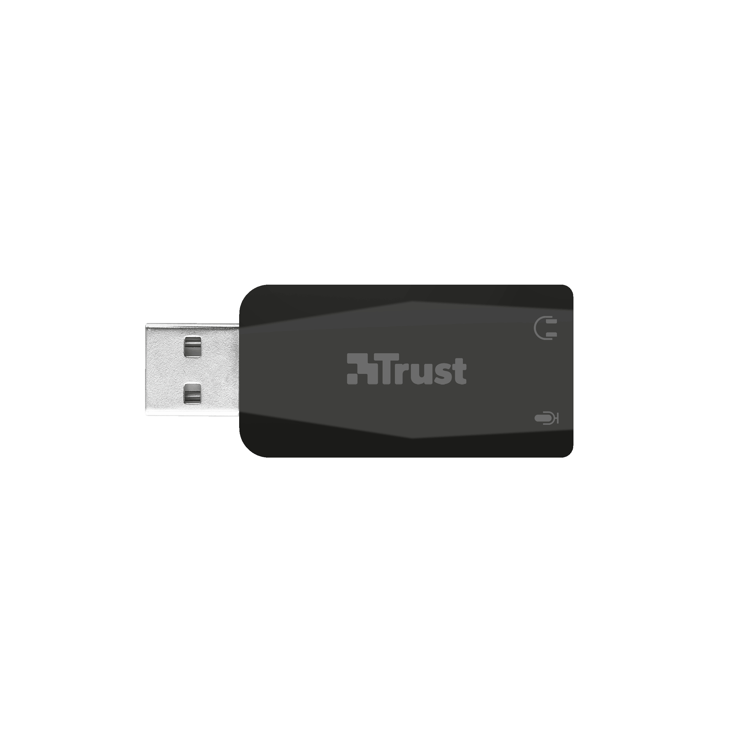 Ein schwarzer Trust USB-Dongle mit einem silbernen USB-Anschluss. Der Hintergrund ist weiß.