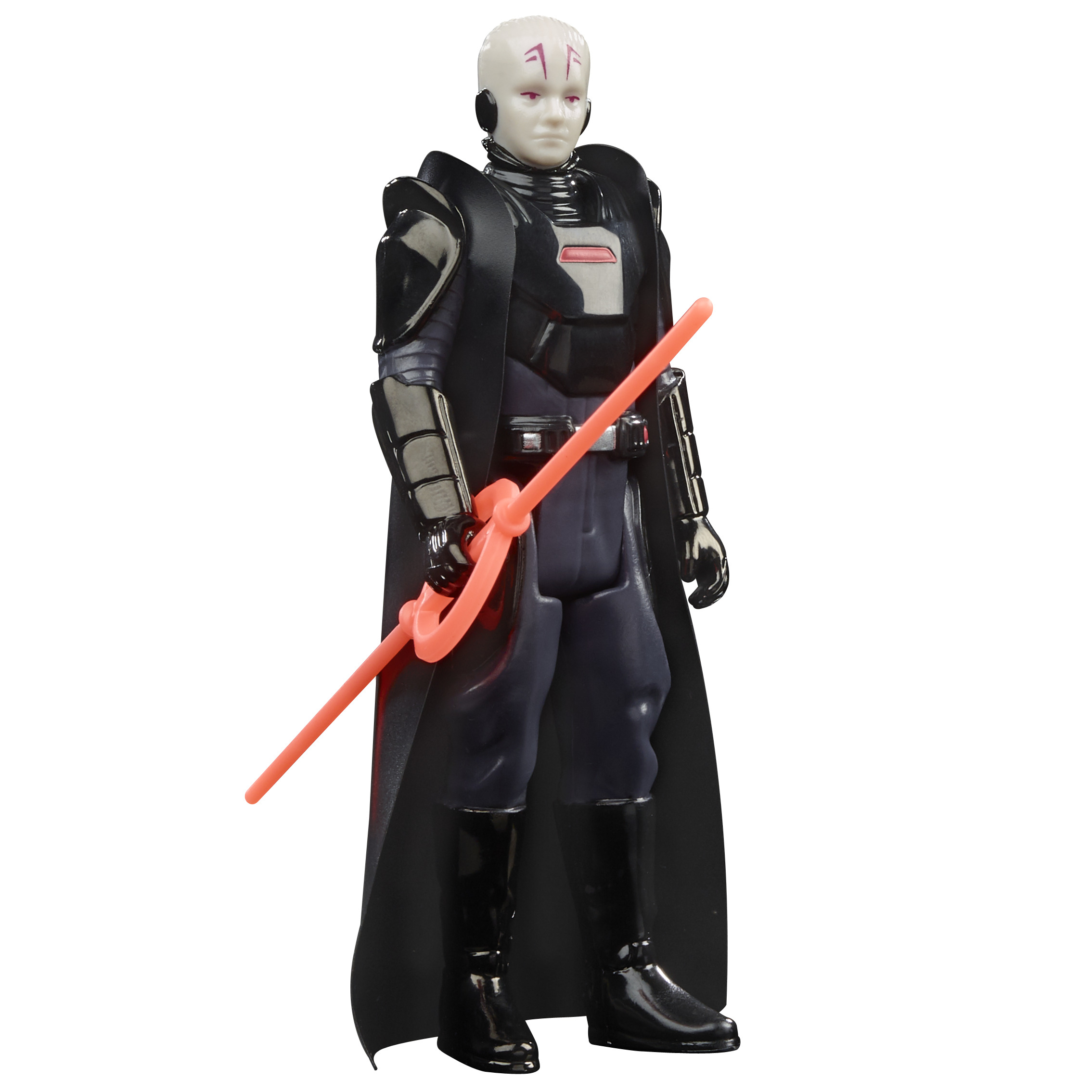 Una figura di Star Wars. Ha una testa pallida con segni rossi e un completo nero, che tiene in mano un'arma simile a una spada laser rossa.