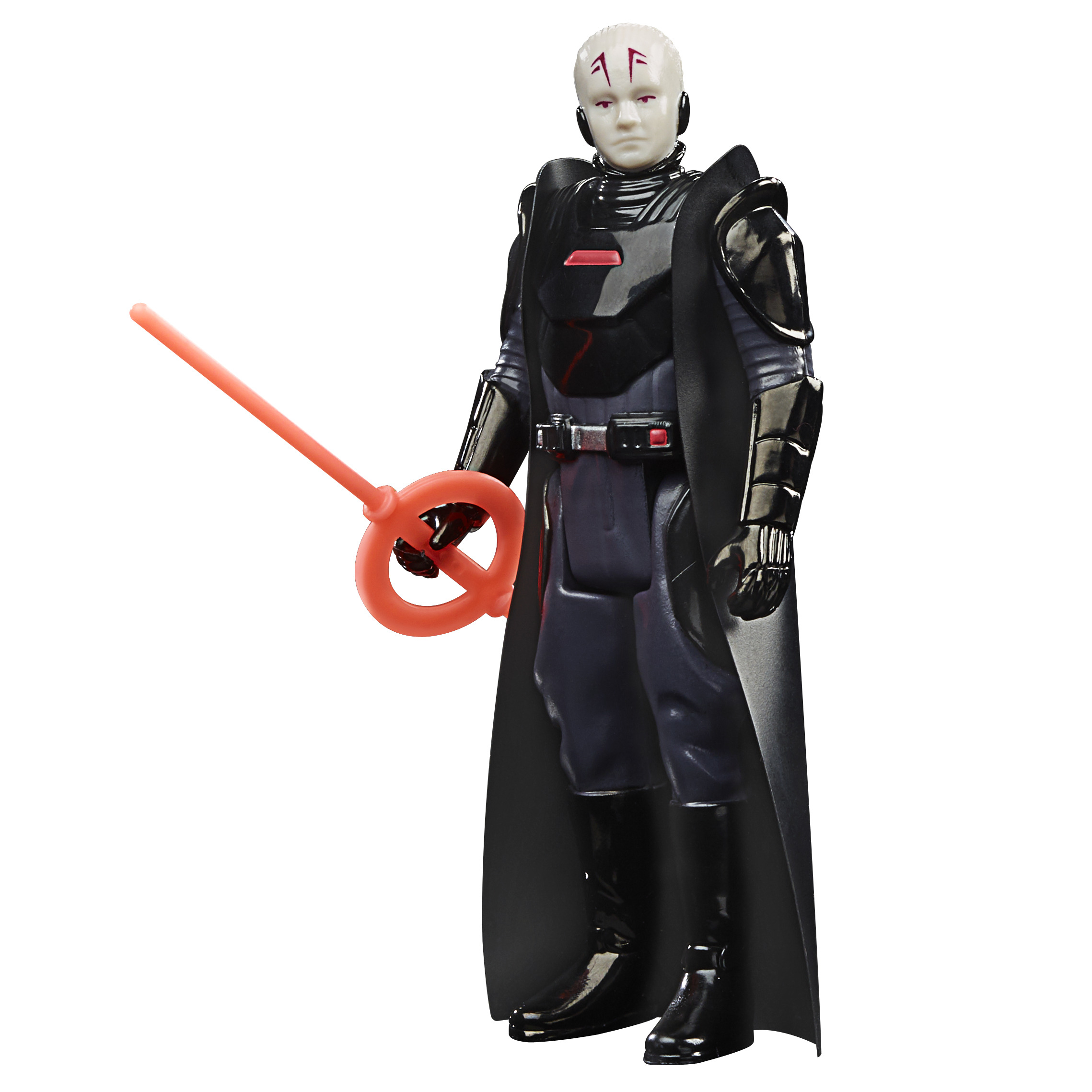 Una figura di Star Wars del Gran Inquisitore, in armatura nera, con in mano un'arma rossa simile a una spada laser.