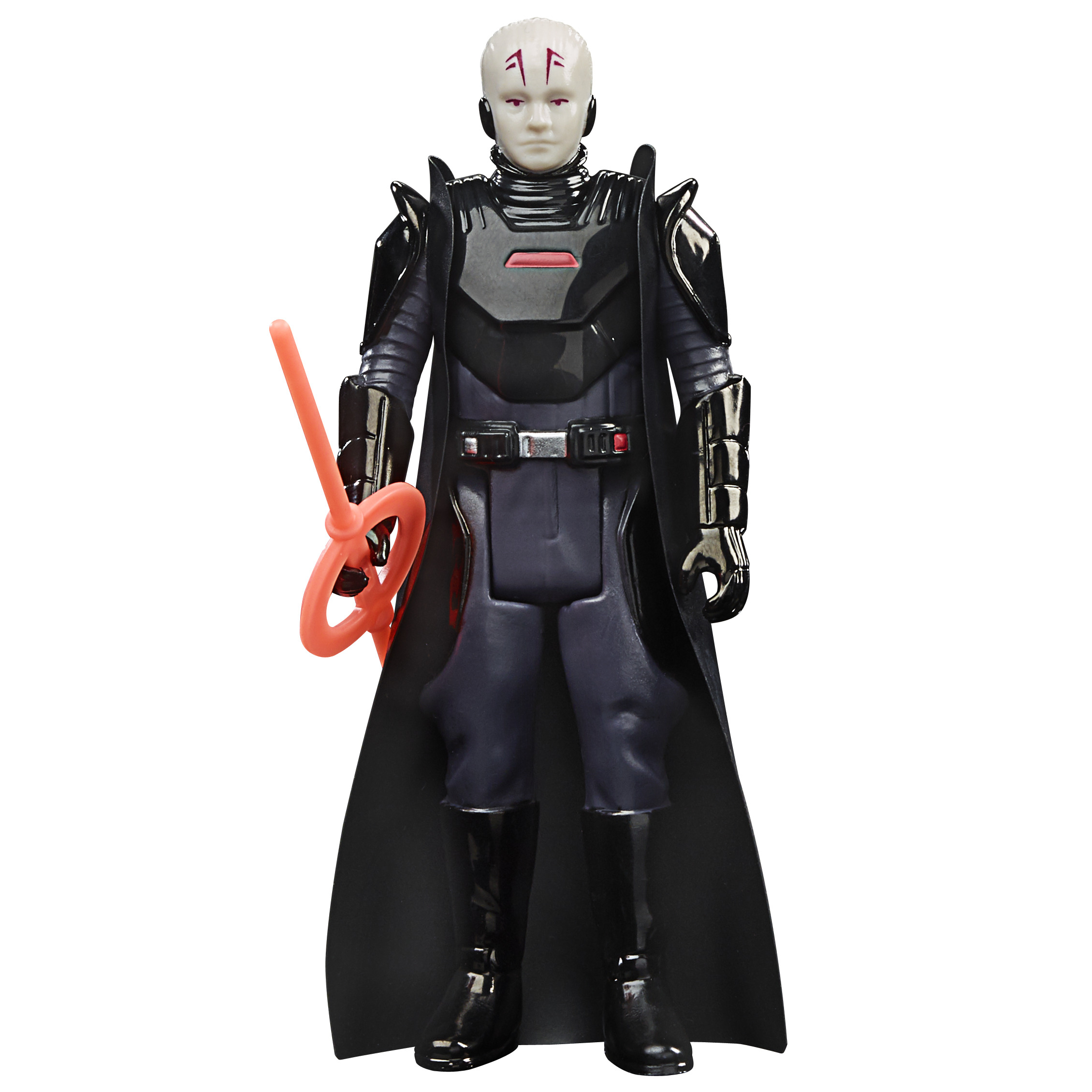 Una figura di Star Wars del Gran Inquisitore. Ha un viso pallido con segni rossi, armatura nera e un'arma rossa.