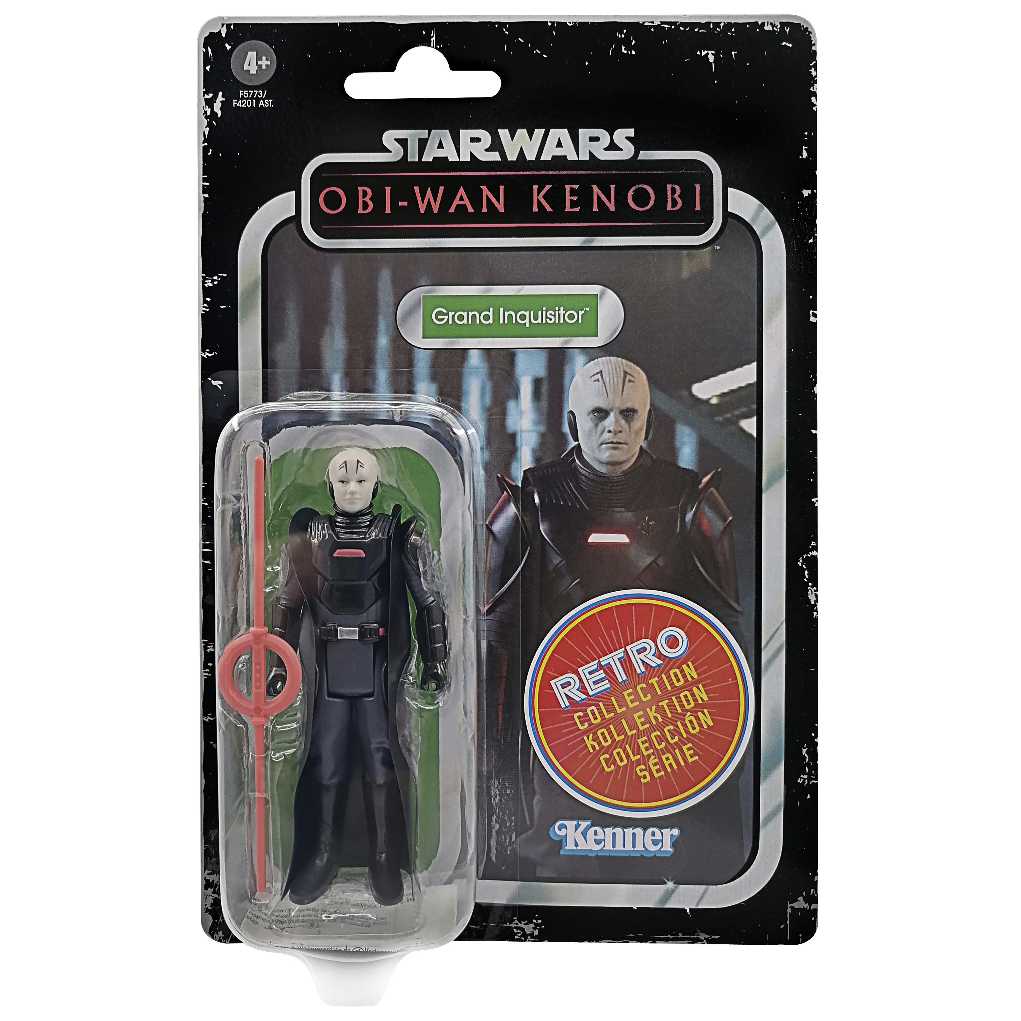 Una action figure di Star Wars del Grand Inquisitor in una confezione retrò. La figura è in una custodia di plastica.