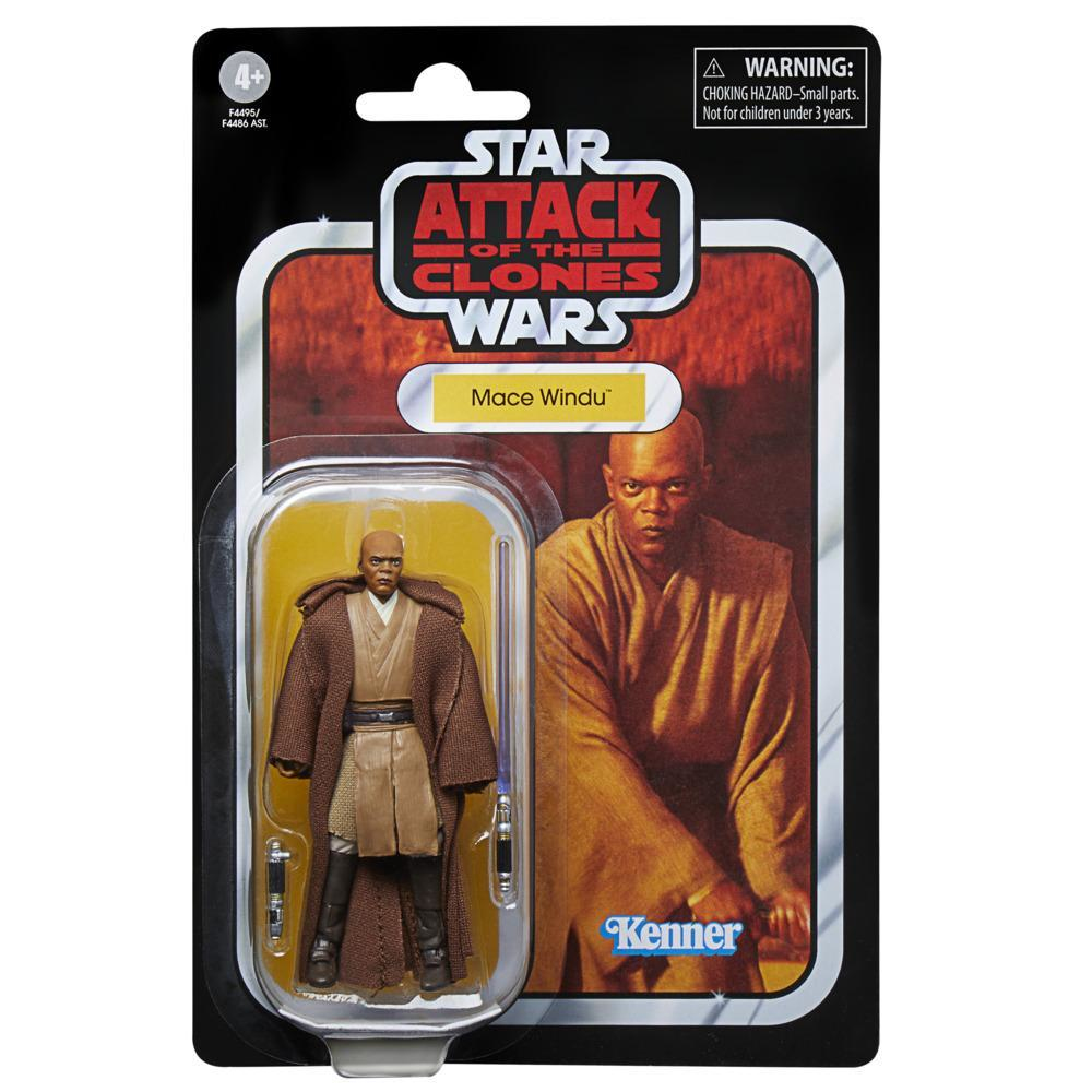 Figurka Mace Windu w opakowaniu. Opakowanie zawiera logo Star Wars Attack of the Clones i zdjęcie Samuela L. Jacksona.